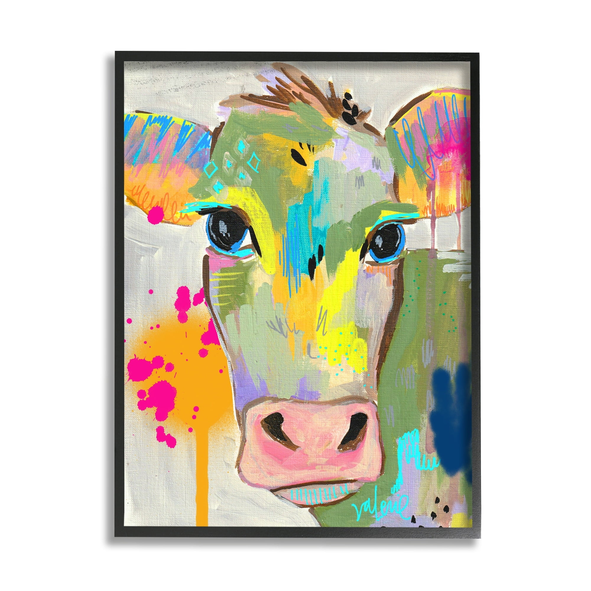 Modern Paint Splatter Cow Cattle Vivid Design Animals & Insects Painting Framed Art Print Wall Art