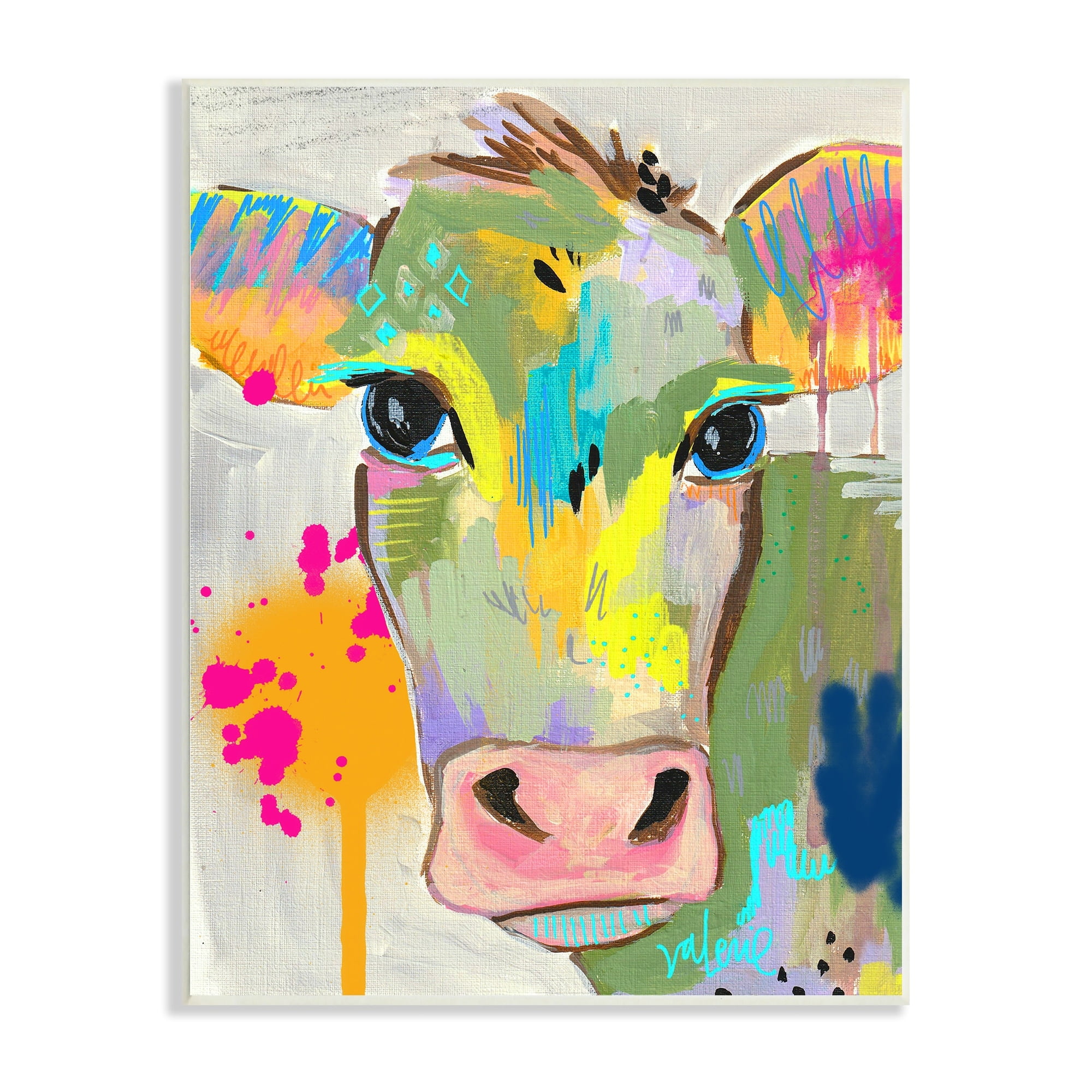 Stupell Industries Modern Paint Splatter Cow Cattle Vivid Design Wood Wall Art, 10 x 15, Design by Valerie Wieners
