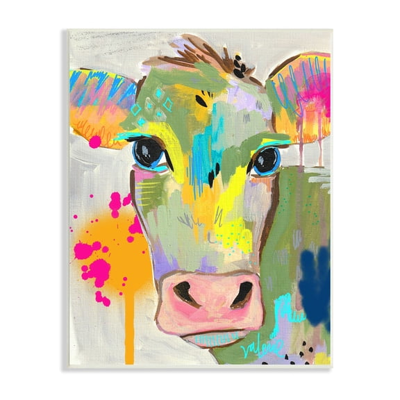 Stupell Industries Modern Paint Splatter Cow Cattle Vivid Design Wood Wall Art, 10 x 15, Design by Valerie Wieners