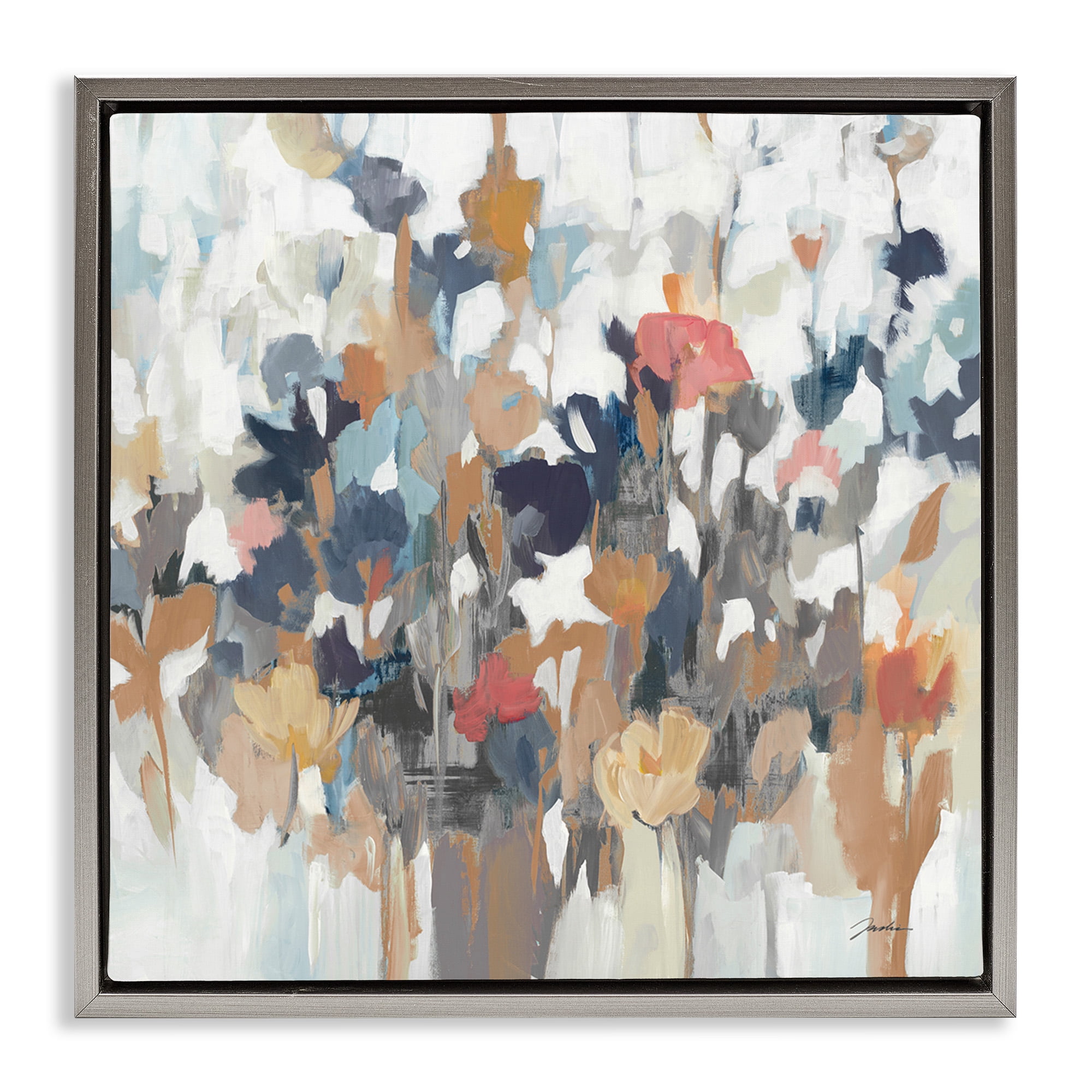 Stupell Industries Modern Painterly Floral Arrangement Botanical & Floral Painting Gray Floater Framed Canvas Art Print Wall Art, 25 x 25