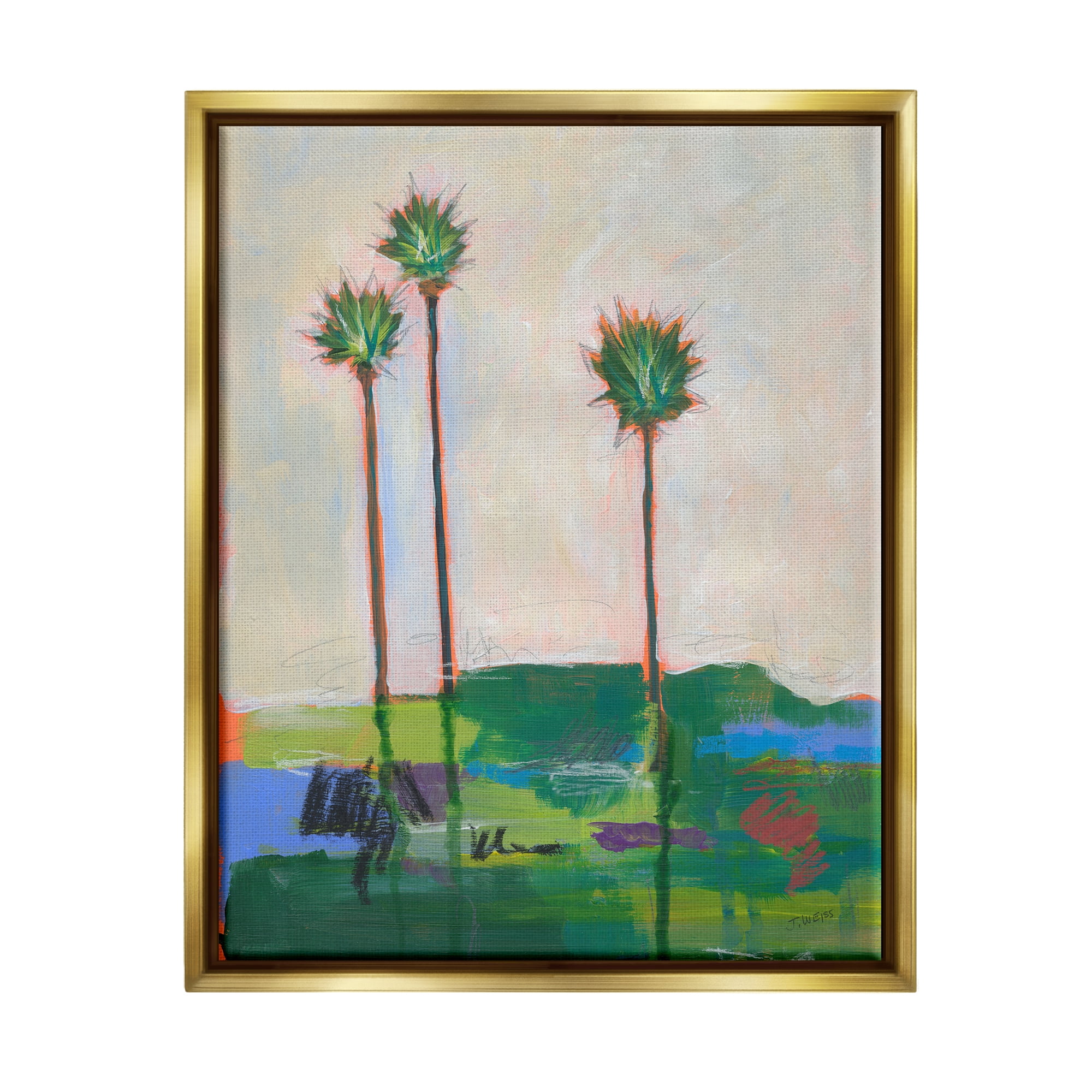 Stupell Industries Modern Palm Trees Landscape Abstract Painting Gold Floater Framed Art Print Wall Art, 25 x 31