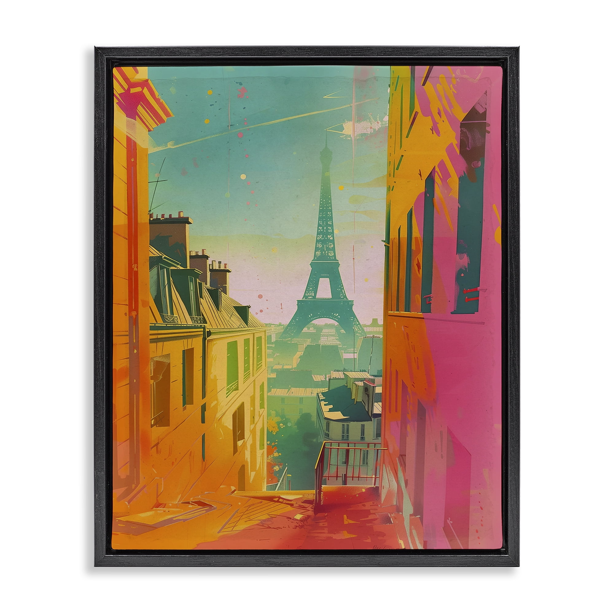 Stupell Industries Modern Paris Tower Town & City Painting Black Floater Framed Art Print Wall Art, 25 x 31