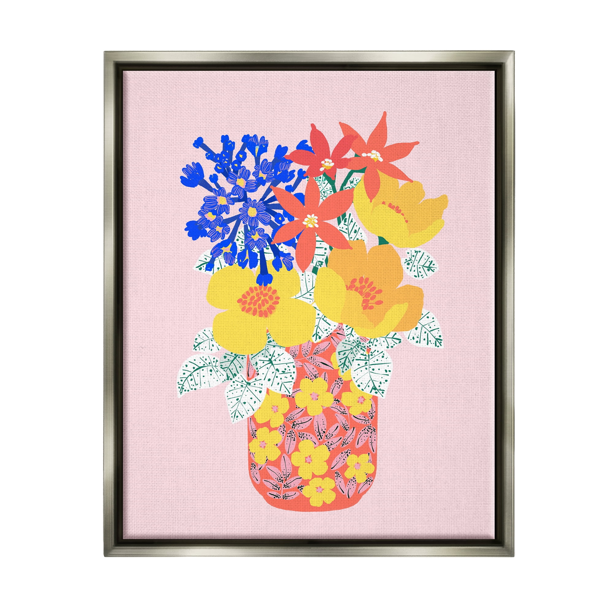 Stupell Industries Modern Patterned Flowers Botanical & Floral Painting Gray Floater Framed Canvas Art Print Wall Art, 17 x 21