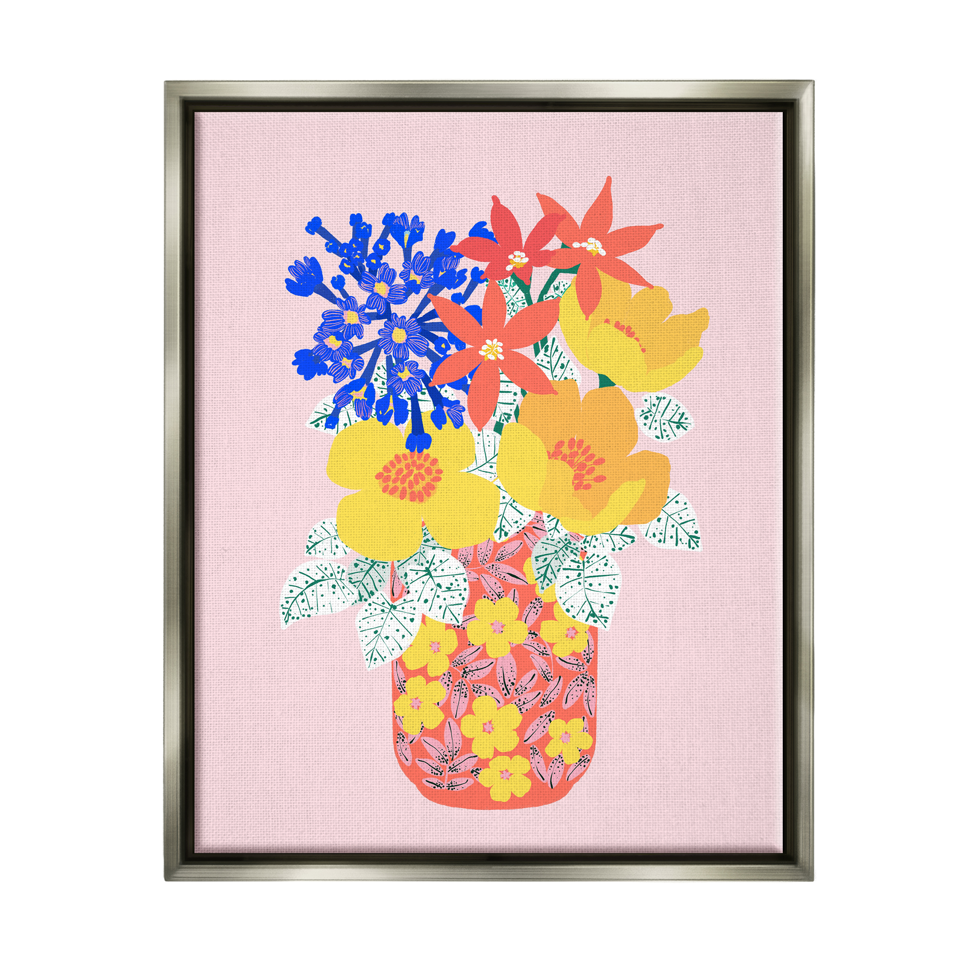 Stupell Industries Modern Patterned Flowers Botanical & Floral Painting Gray Floater Framed Canvas Art Print Wall Art, 25 x 31