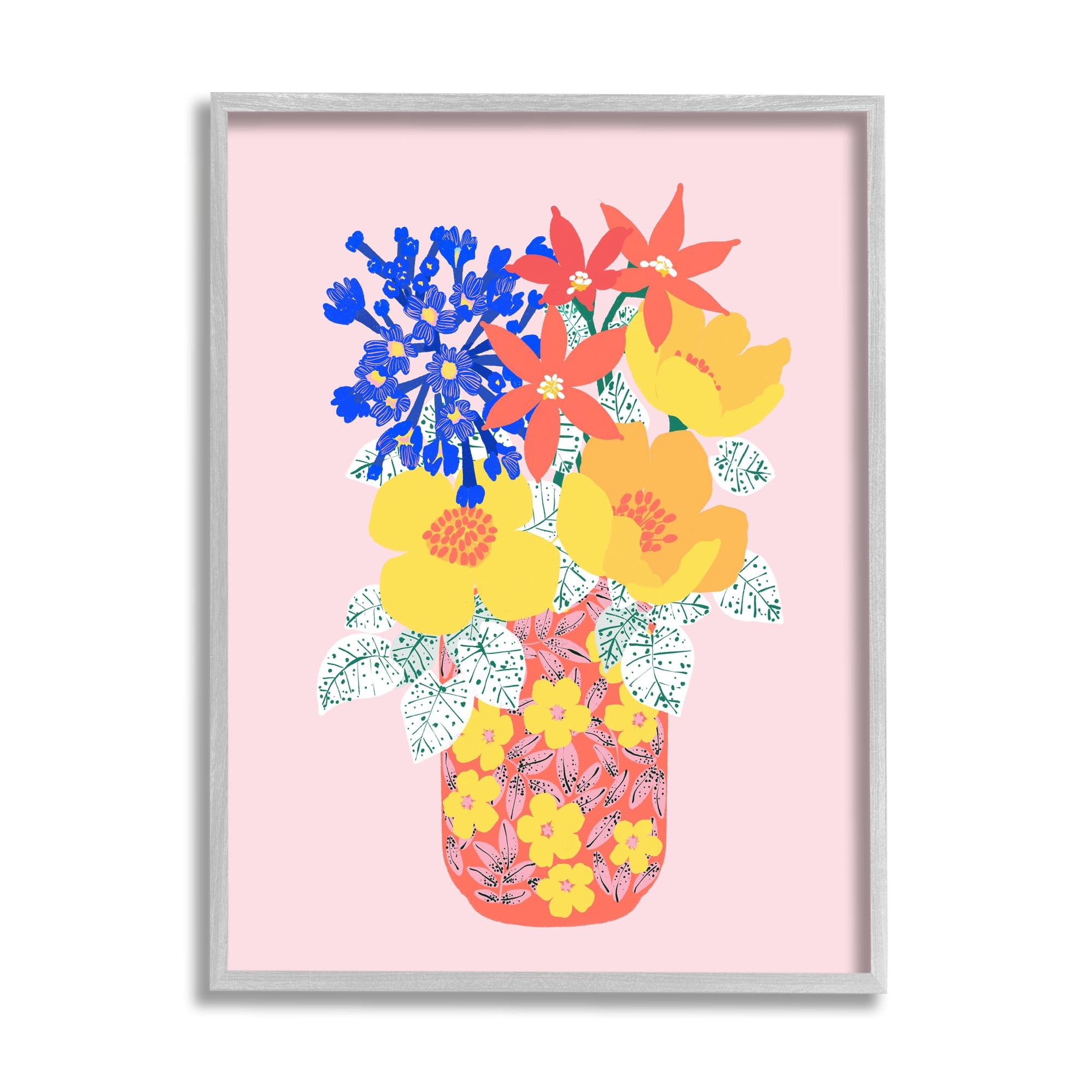 Stupell Industries Modern Patterned Flowers Botanical & Floral Painting Gray Framed Art Print Wall Art, 16 x 20