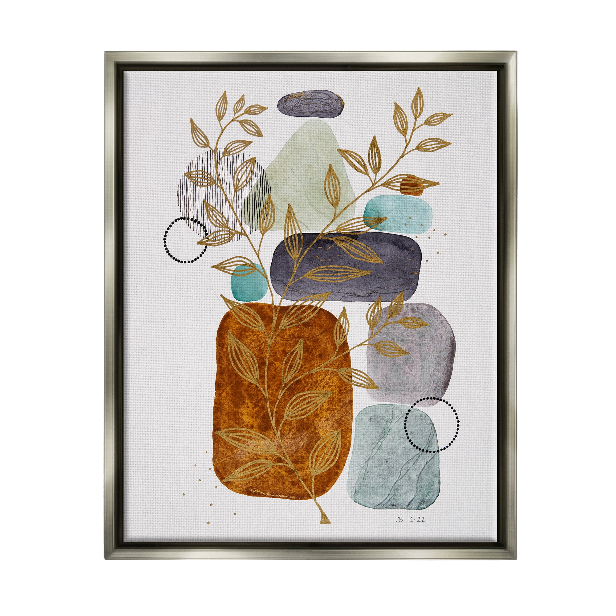 Stupell Industries Modern Pebbles & Botanicals Botanical & Floral Painting Gray Floater Framed Art Print Wall Art, 25 x 31