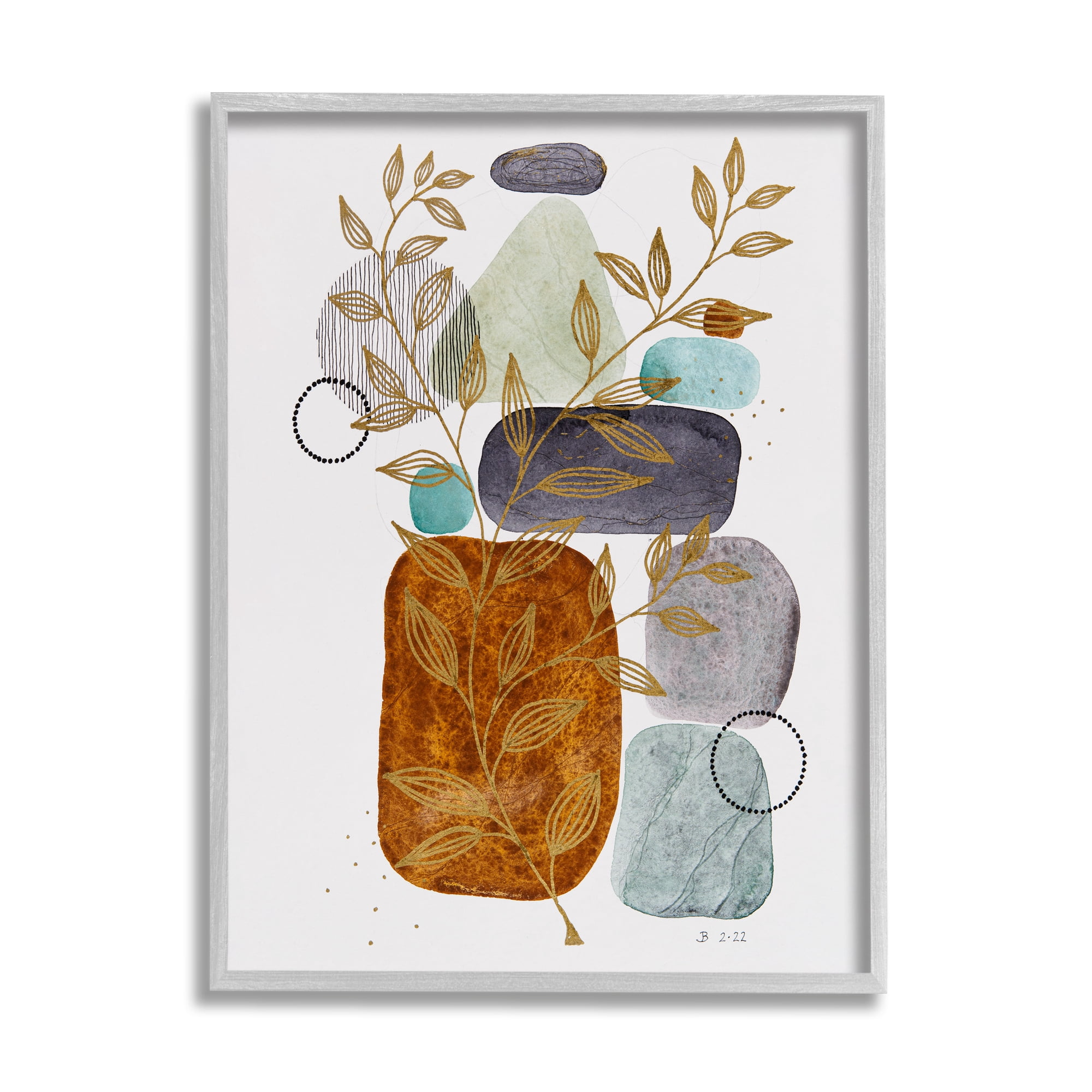 Stupell Industries Modern Pebbles & Botanicals Botanical & Floral Painting Gray Framed Art Print Wall Art, 11 x 14