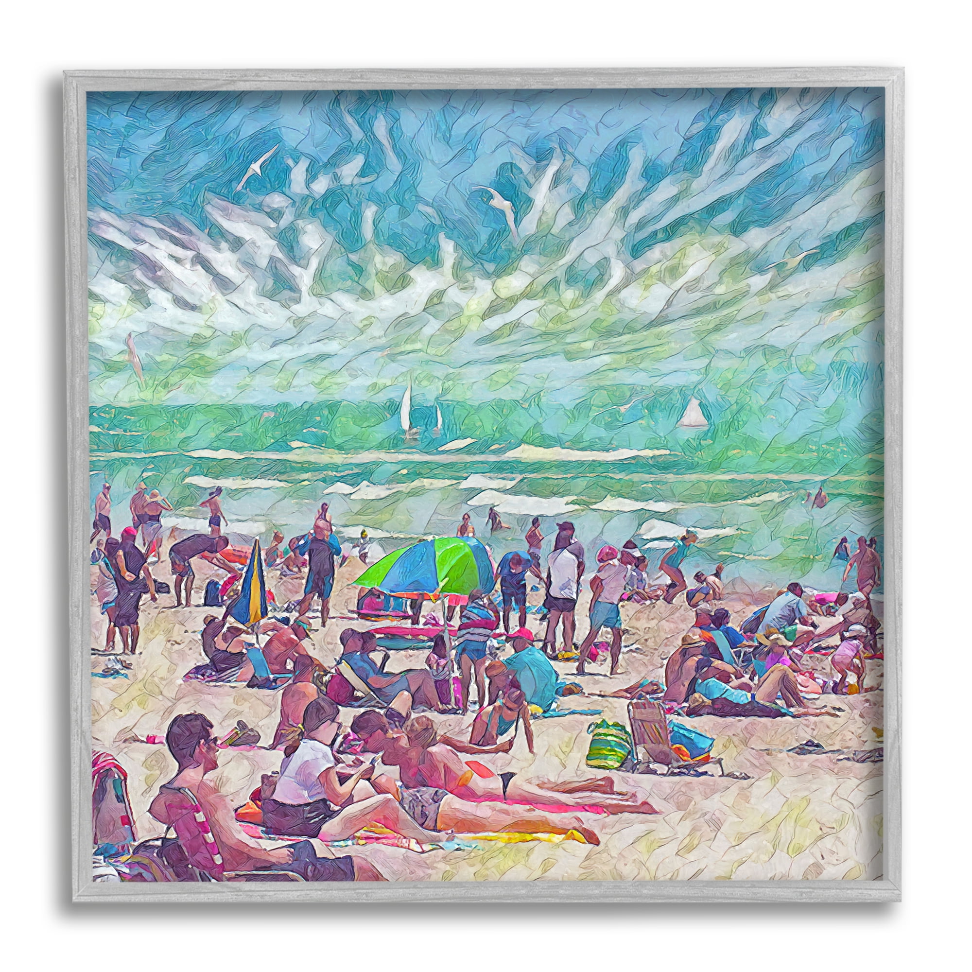 Stupell Industries Modern People on Beach Landscape Painting Gray Framed Art Print Wall Art, 17 x 17