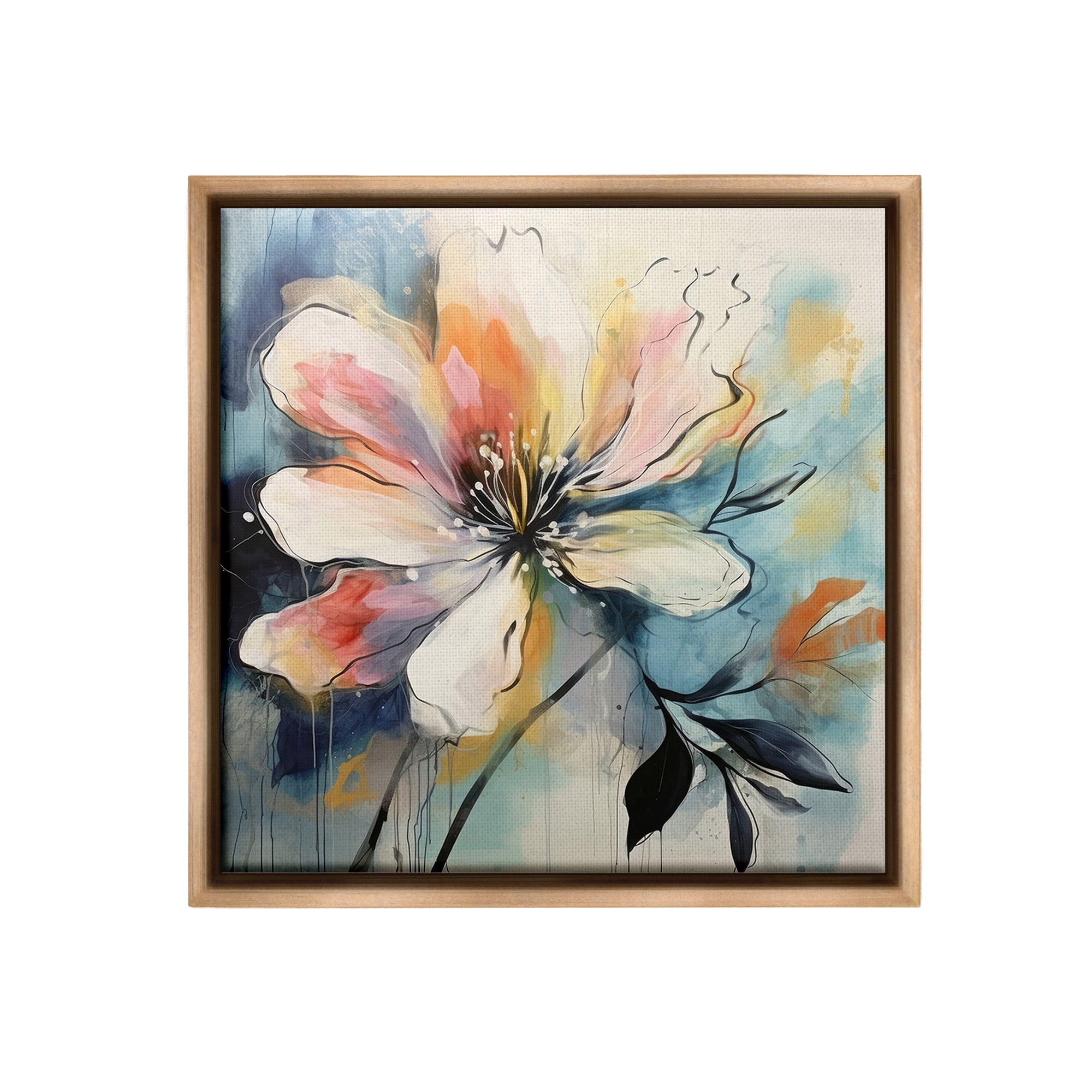 Stupell Industries Modern Pink Blossom Botanical & Floral Painting Brown Floater Framed Canvas Art Print Wall Art, 25 x 25