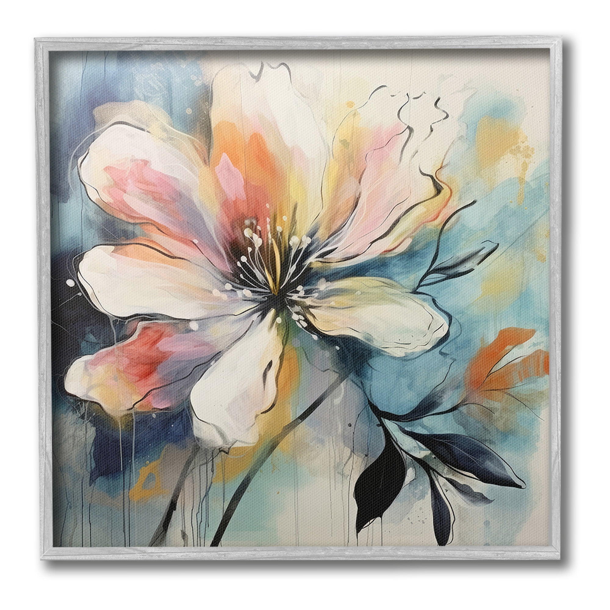 Stupell Industries Modern Pink Blossom Botanical & Floral Painting Gray Framed Art Print Wall Art, 12 x 12