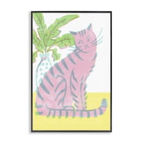 Stupell Industries Modern Pink Cat & Plant Animals Painting Black Framed Art Print Wall Art, 12 x 18