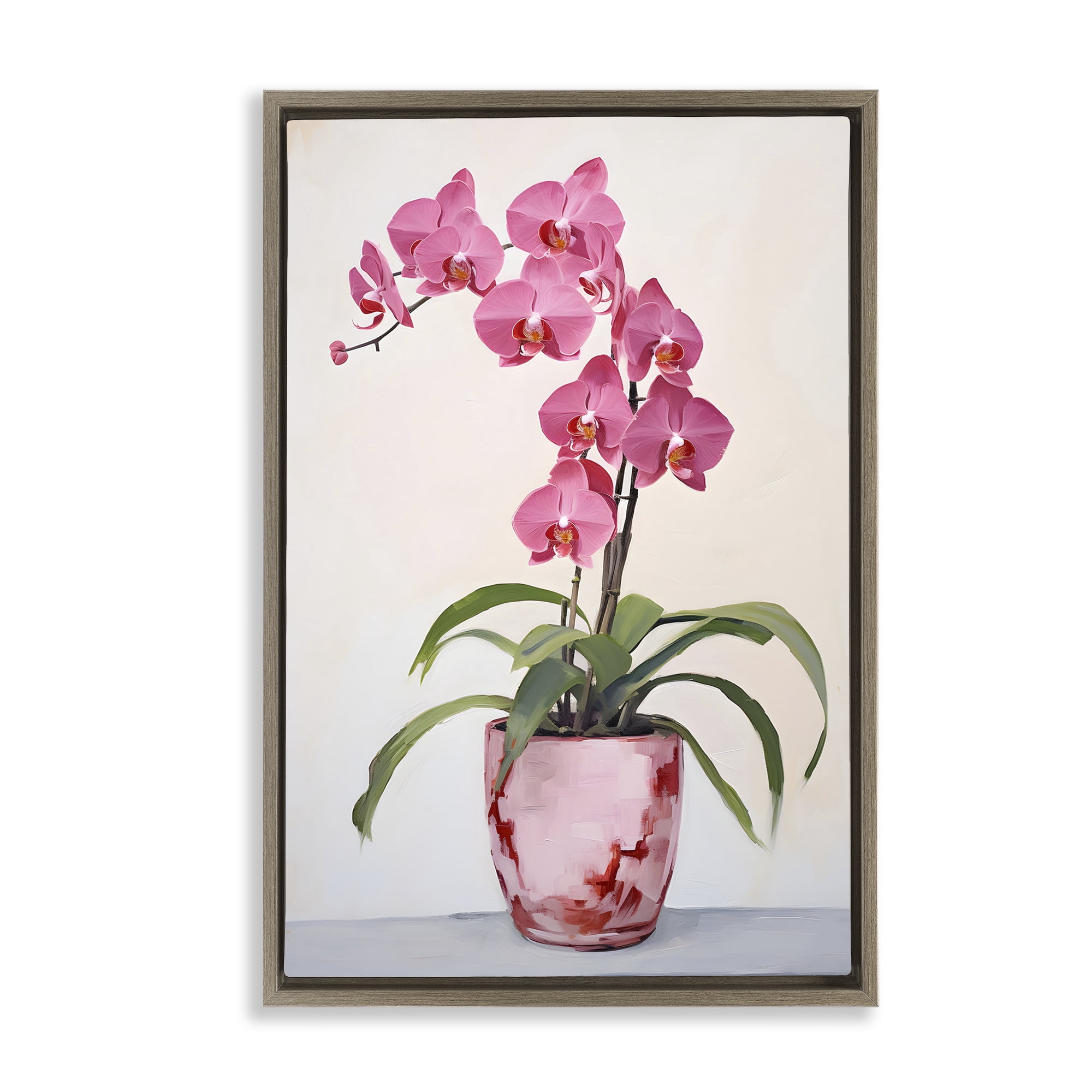 Stupell Industries Modern Pink Orchid Botanical & Floral Painting Brown Floater Framed Art Print Wall Art, 21 x 31