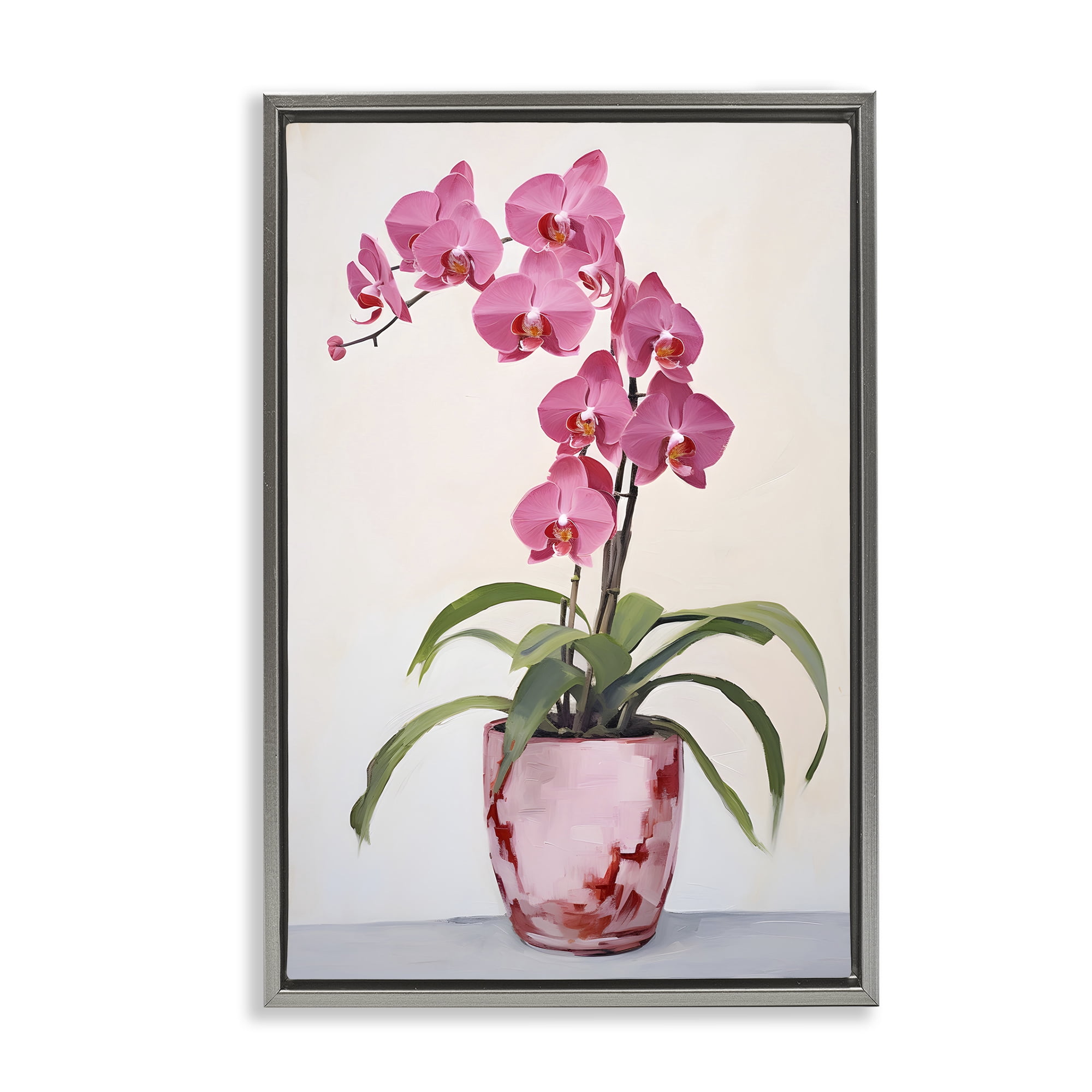 Stupell Industries Modern Pink Orchid Botanical & Floral Painting Gray Floater Framed Art Print Wall Art, 21 x 31