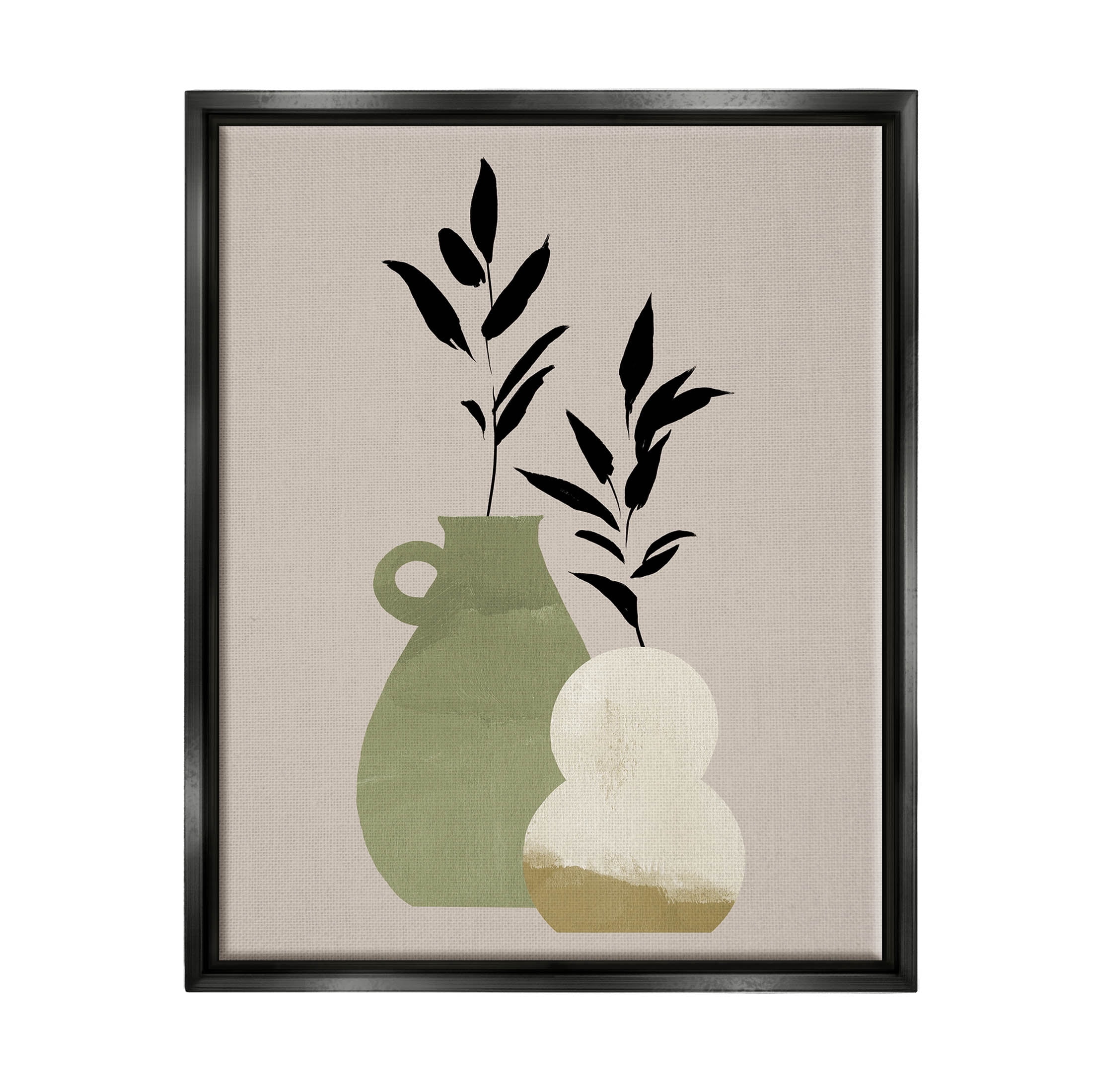 Stupell Industries Modern Plant Vase Leaves Graphic Art Jet Black Floating Framed Canvas Print Wall Art, Design by Jacob Green