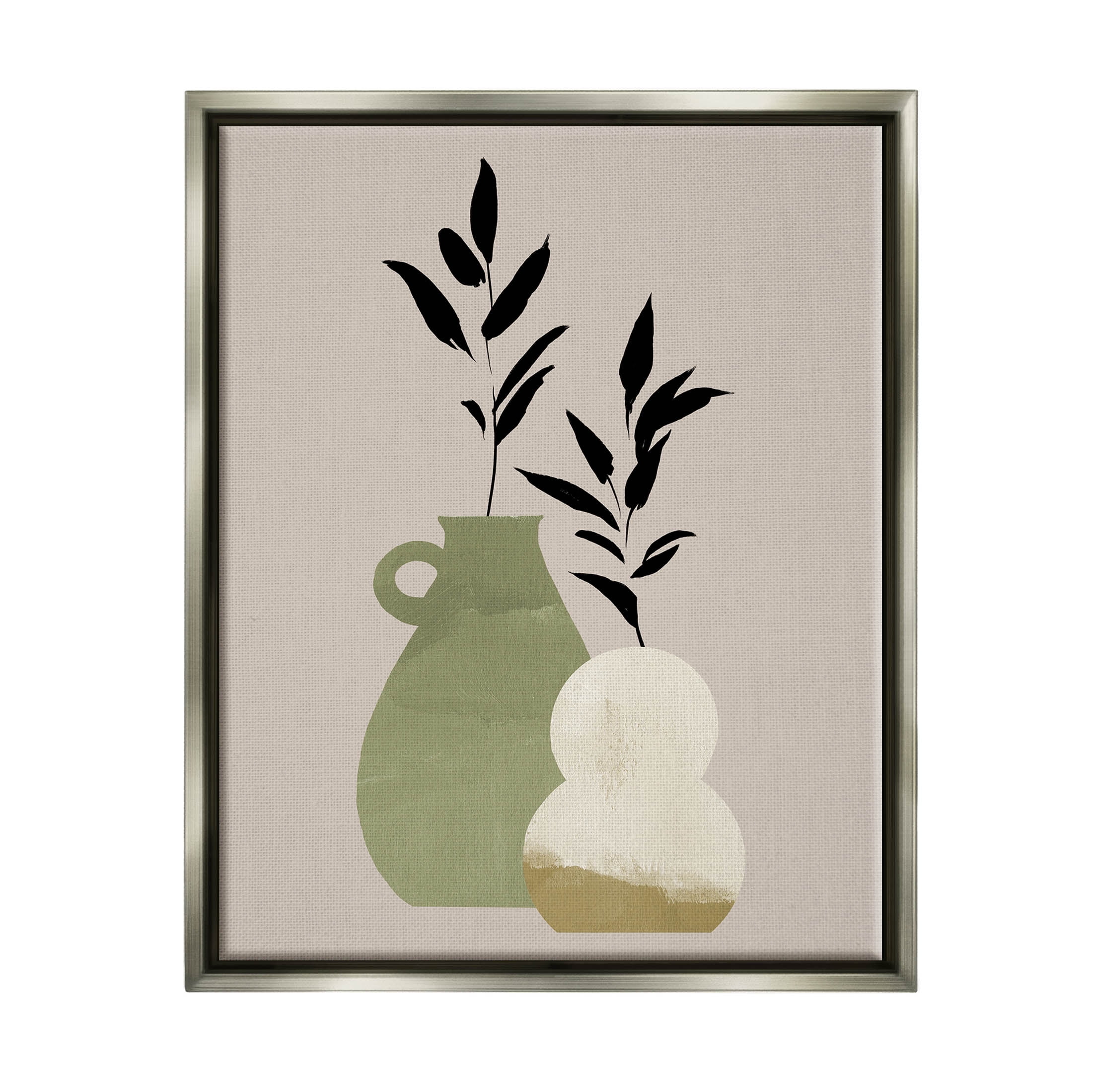 Stupell Industries Modern Plant Vase Leaves Graphic Art Luster Gray Floating Framed Canvas Print Wall Art, Design by Jacob Green