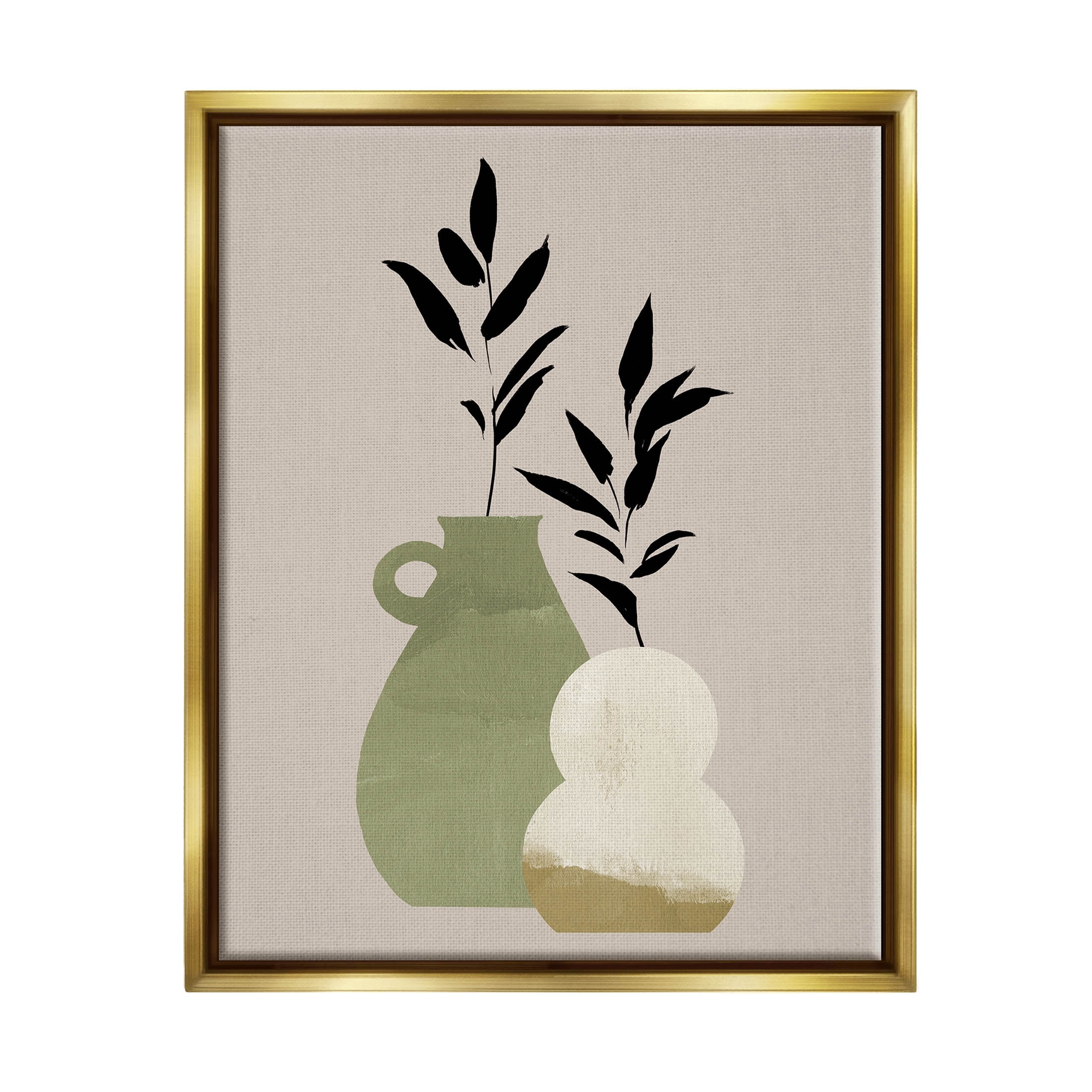 Stupell Industries Modern Plant Vase Leaves Graphic Art Metallic Gold Floating Framed Canvas Print Wall Art, Design by Jacob Green