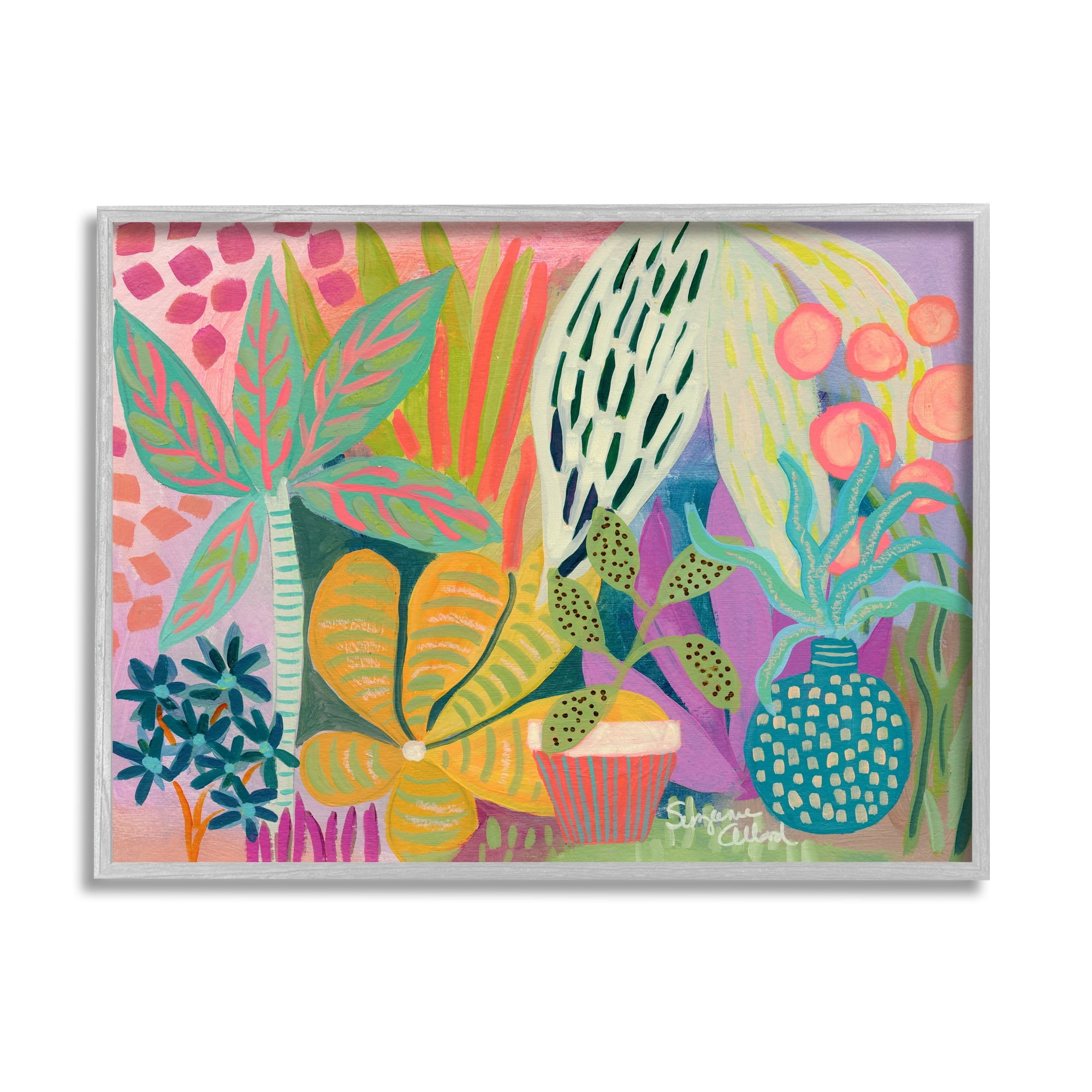 Stupell Industries Modern Plants Abstract Shapes Botanical & Floral Painting Gray Framed Art Print Wall Art