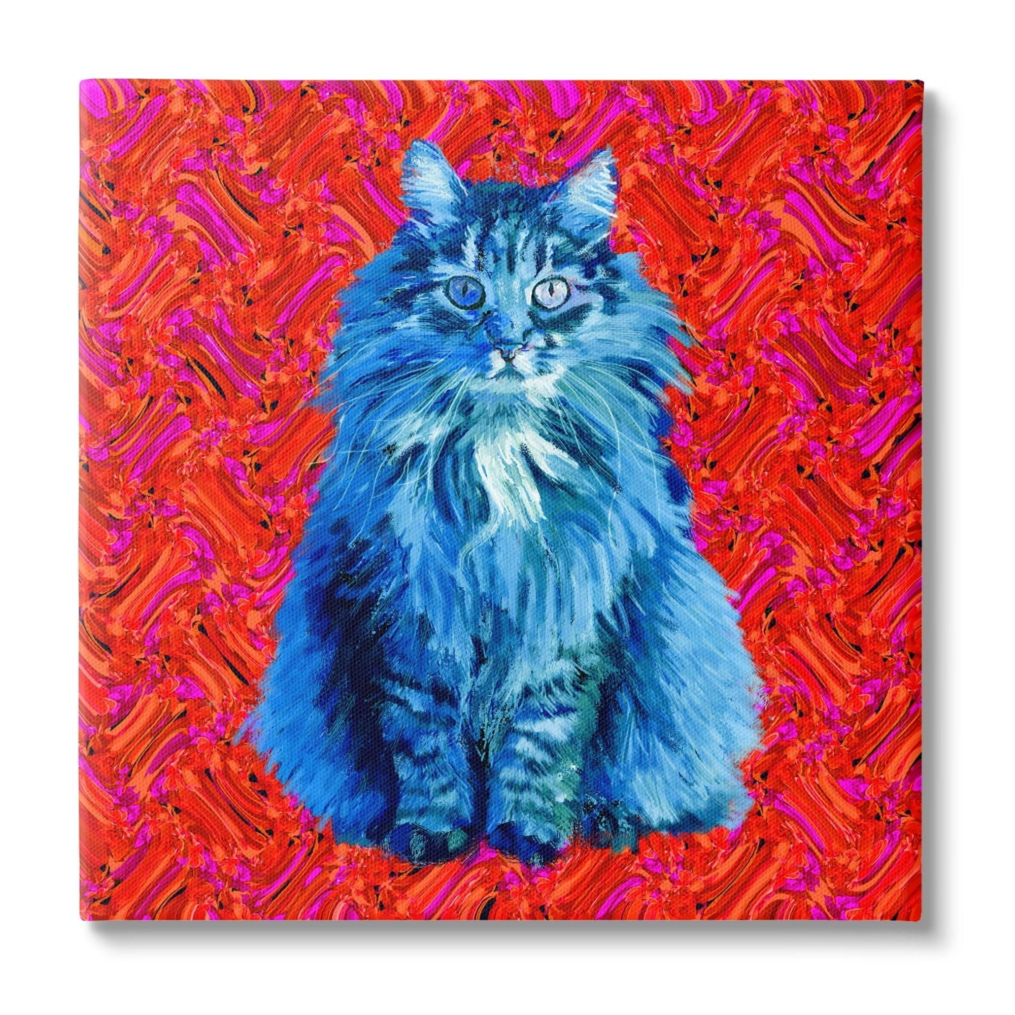 Stupell Industries Modern Pop Design Bold Red Blue Longhair Cat, 17 x 17, Design by Lynnda Rakos
