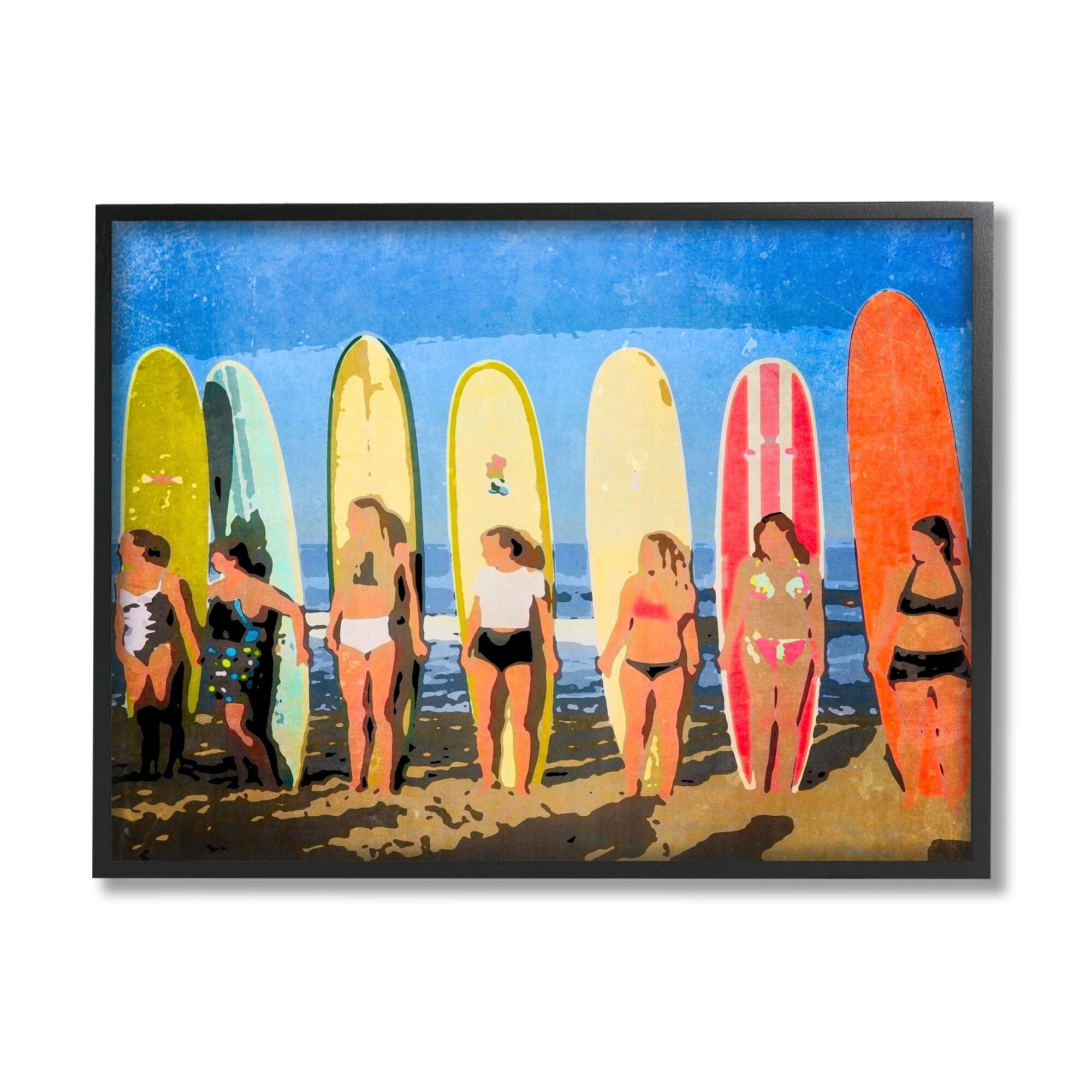 Stupell Industries Modern Pop Style Women Surfing Ocean Sports Graphic Art Black Framed Art Print Wall Art, Design by Graffitee Studios