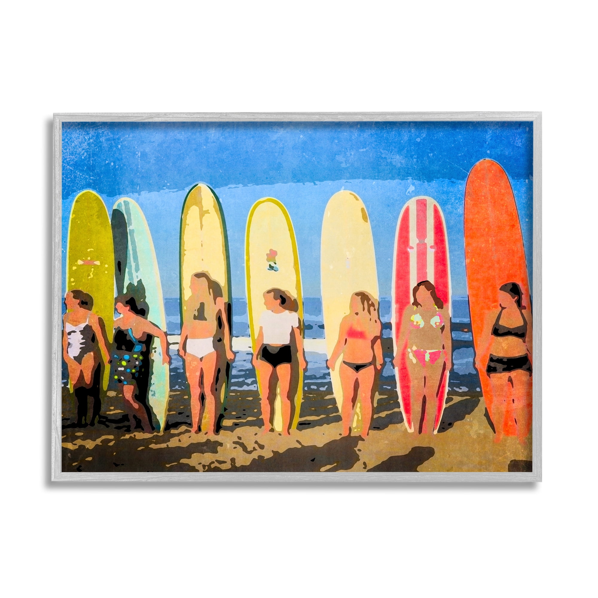 Stupell Industries Modern Pop Style Women Surfing Ocean Sports Graphic Art Gray Framed Art Print Wall Art, Design by Graffitee Studios