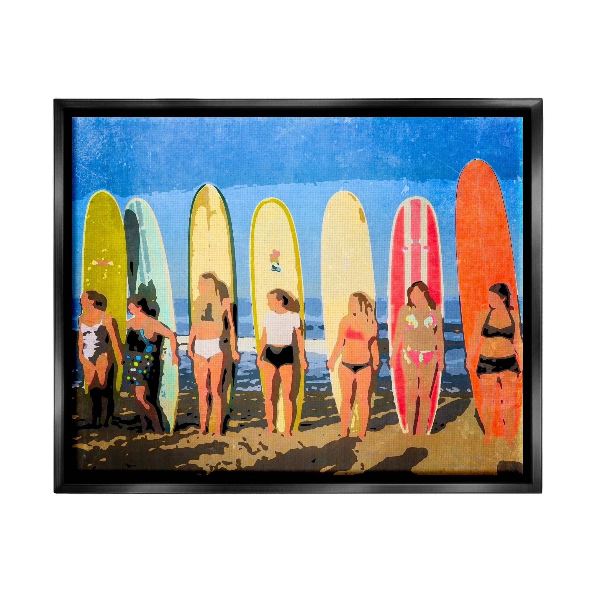 Stupell Industries Modern Pop Style Women Surfing Ocean Sports Graphic Art Jet Black Floating Framed Canvas Print Wall Art, Design by Graffitee Studios