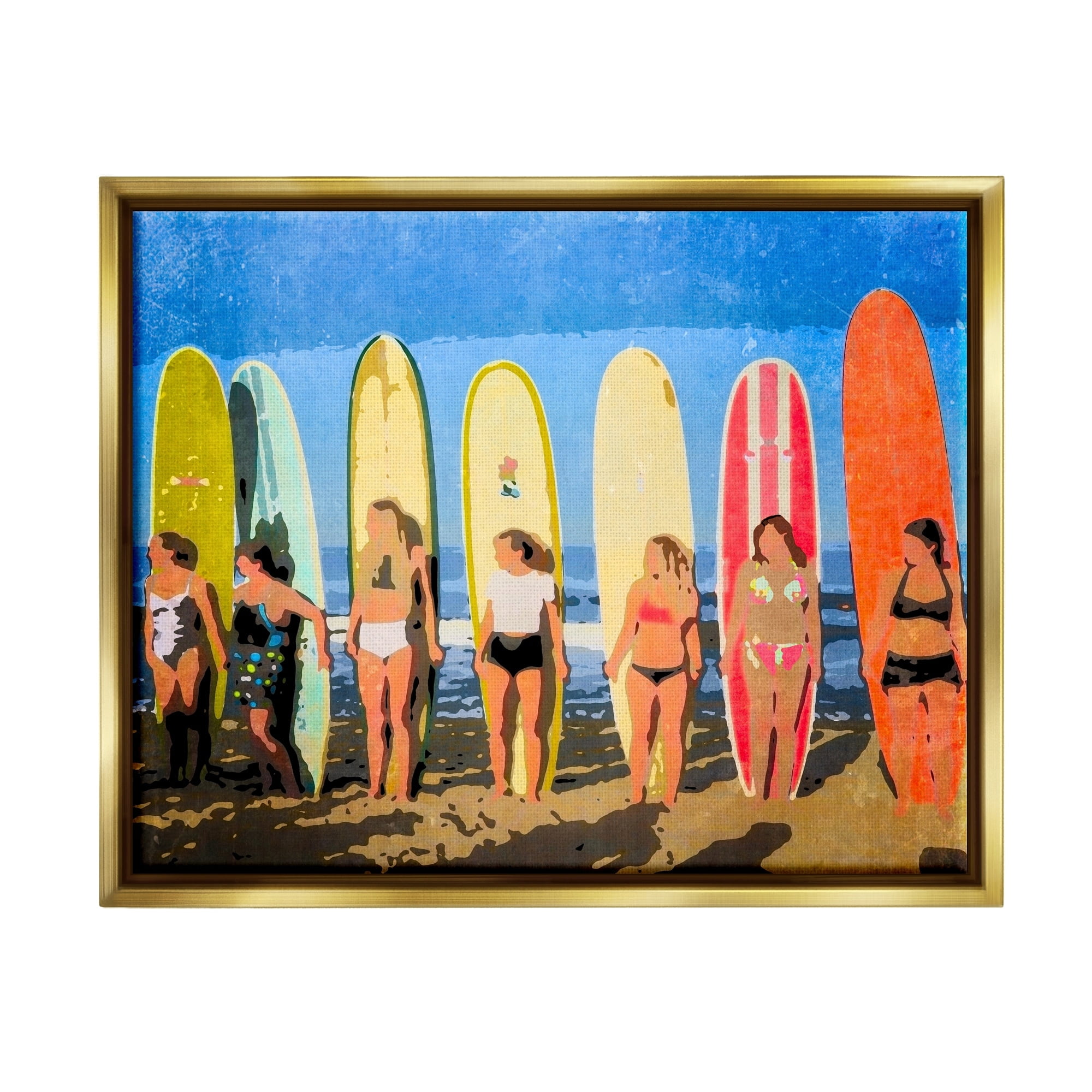 Stupell Industries Modern Pop Style Women Surfing Ocean Sports Graphic Art Metallic Gold Floating Framed Canvas Print Wall Art, Design by Graffitee Studios