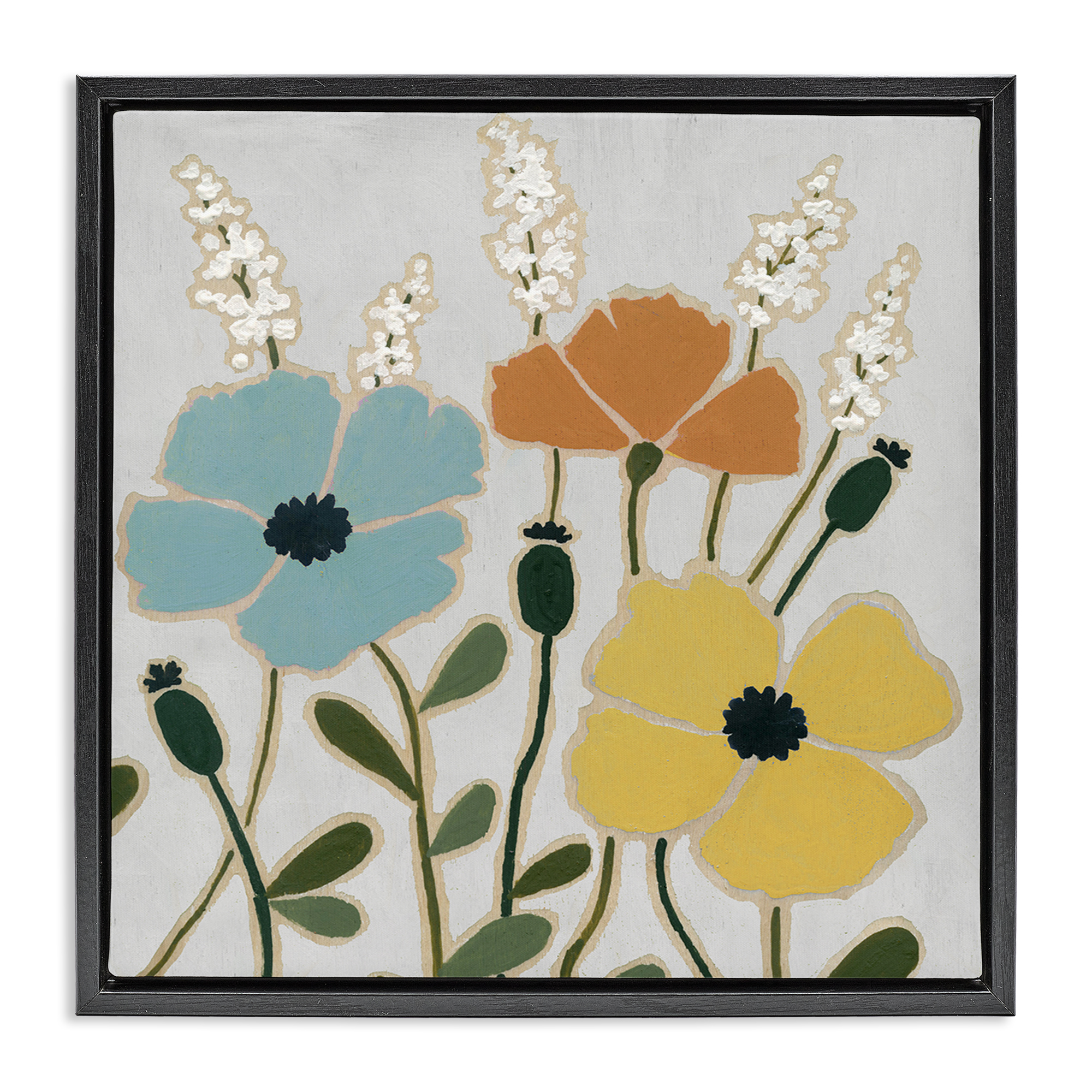 Stupell Industries Modern Primaries Blooms Plants & Flowers Painting Black Floater Framed Canvas Art Print Wall Art, 18 x 18