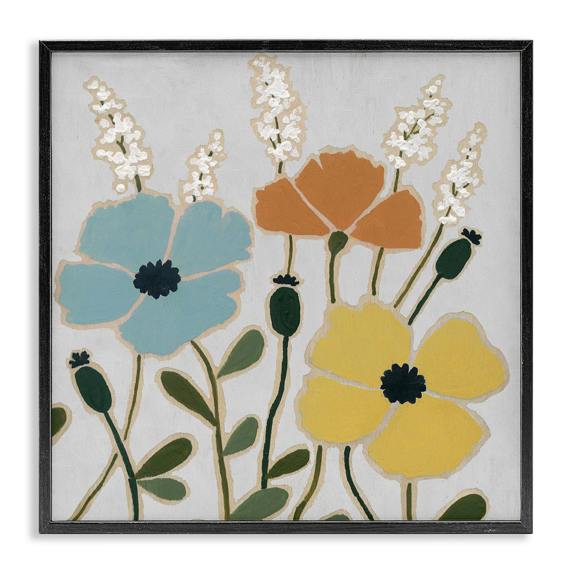 Stupell Industries Modern Primaries Blooms Plants & Flowers Painting Black Framed Art Print Wall Art, 24 x 24