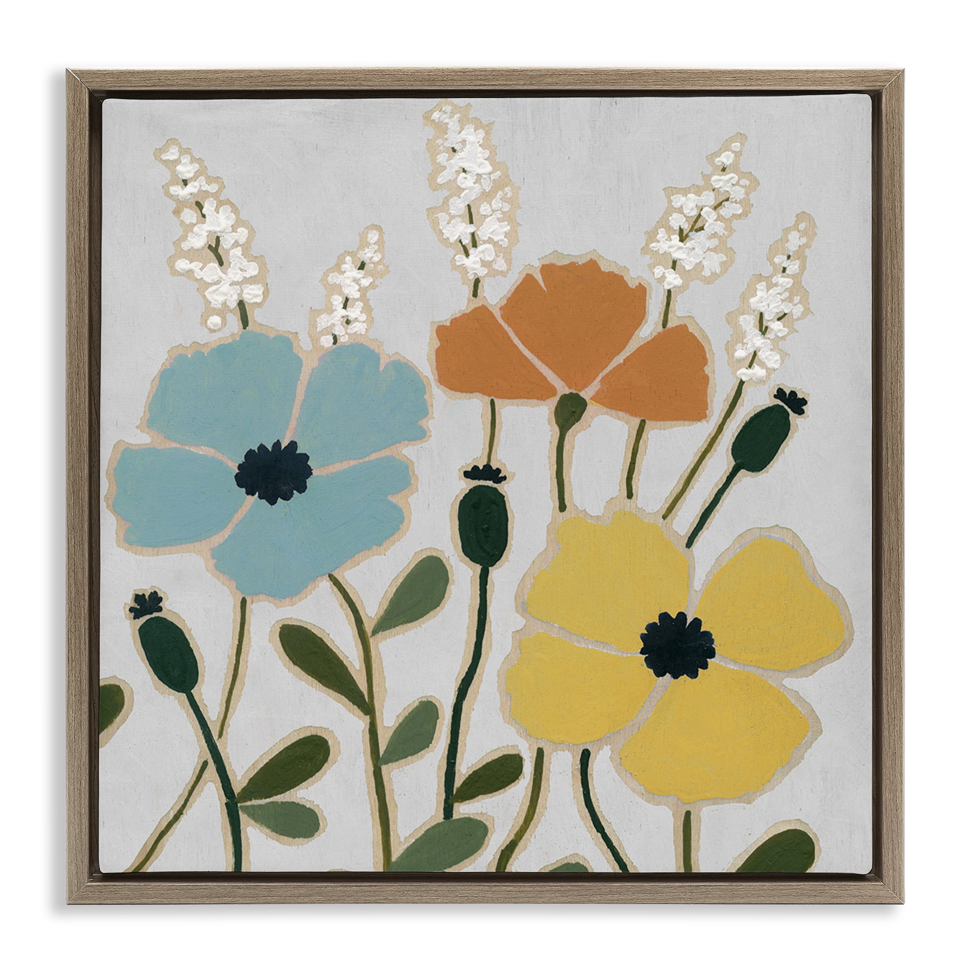 Stupell Industries Modern Primaries Blooms Plants & Flowers Painting Brown Floater Framed Canvas Art Print Wall Art, 25 x 25