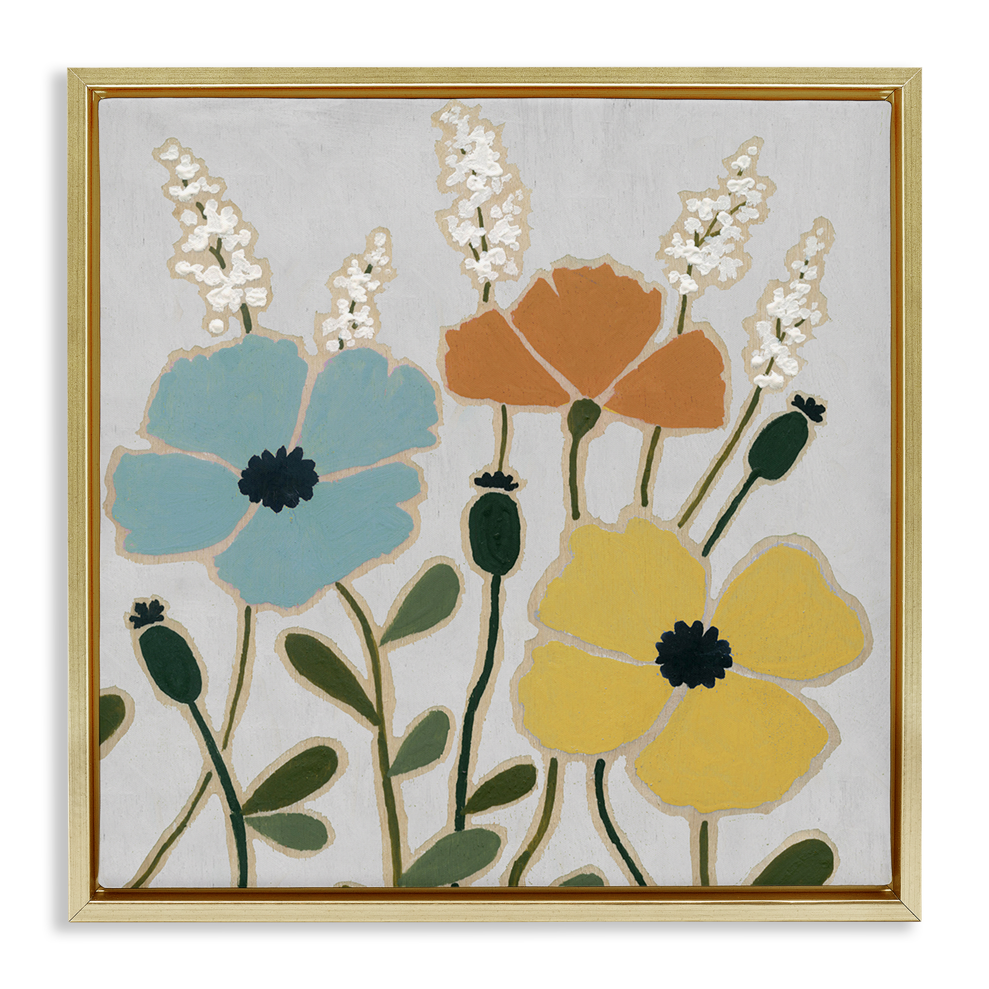 Stupell Industries Modern Primaries Blooms Plants & Flowers Painting Gold Floater Framed Canvas Art Print Wall Art, 18 x 18