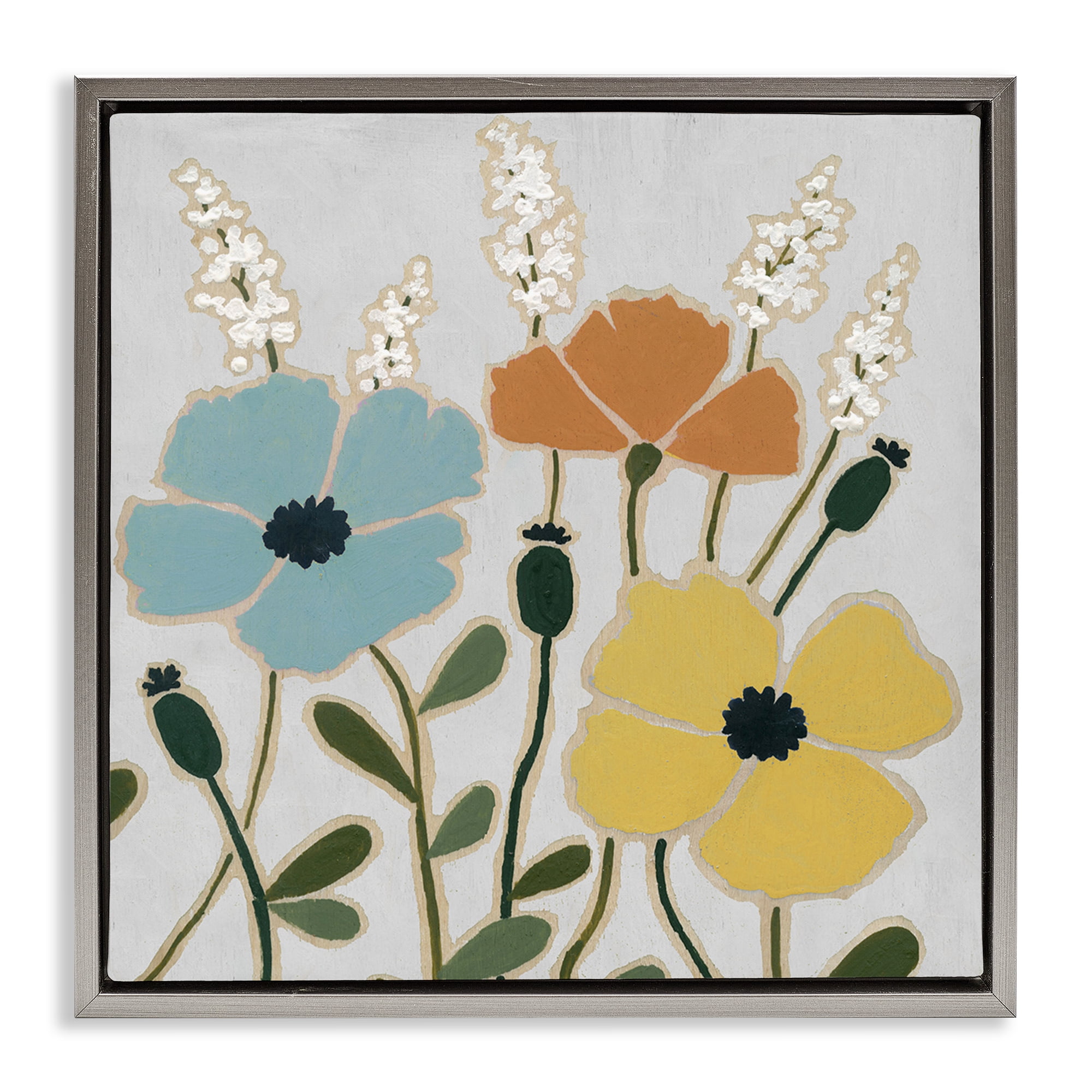 Stupell Industries Modern Primaries Blooms Plants & Flowers Painting Gray Floater Framed Canvas Art Print Wall Art, 25 x 25