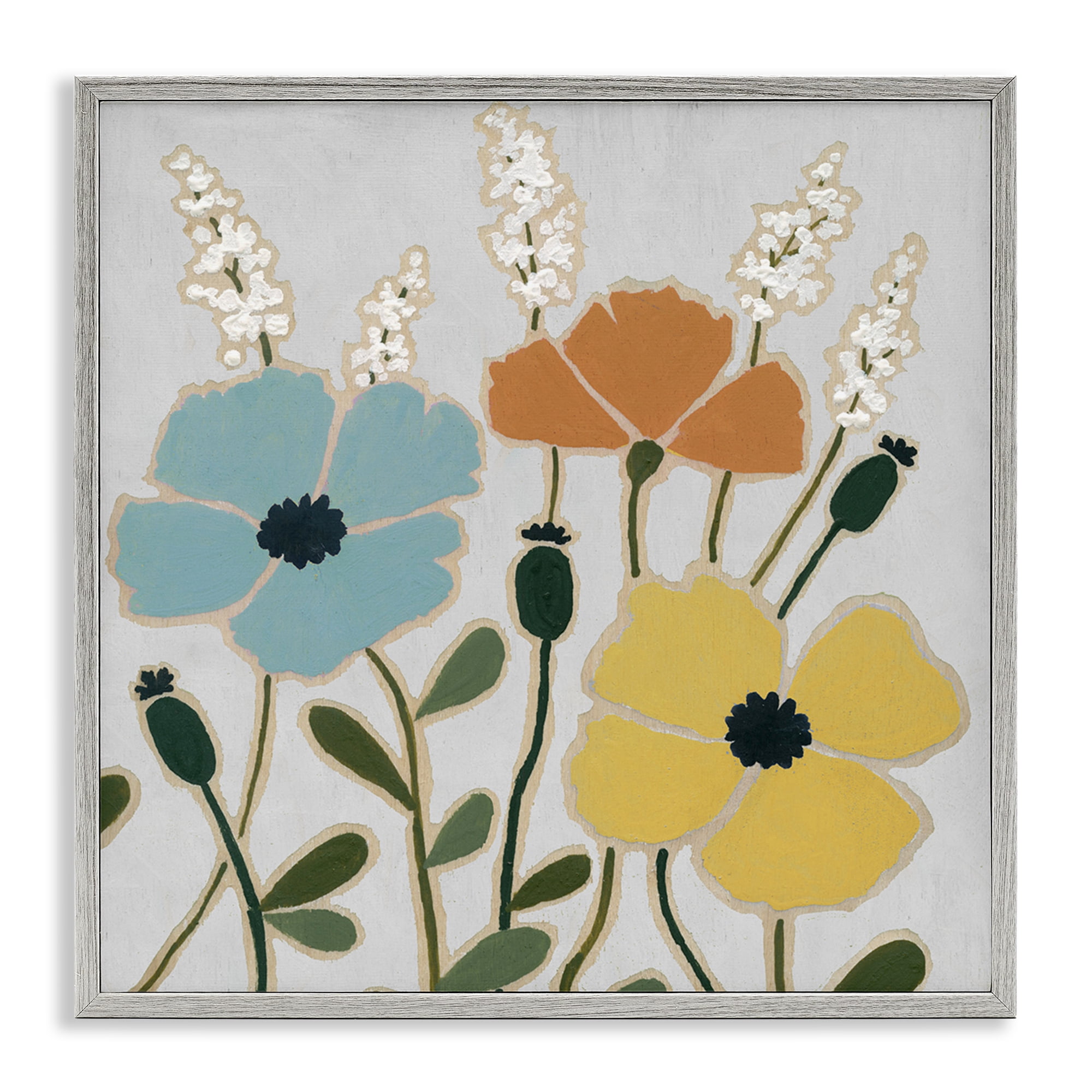 Stupell Industries Modern Primaries Blooms Plants & Flowers Painting Gray Framed Art Print Wall Art, 24 x 24