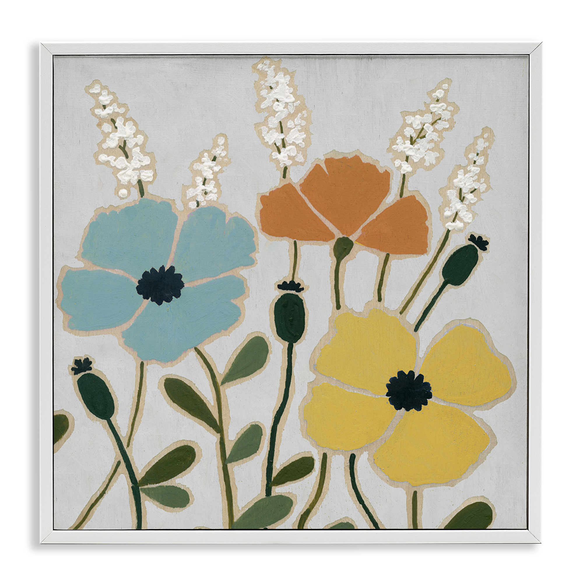 Stupell Industries Modern Primaries Blooms Plants & Flowers Painting White Framed Art Print Wall Art, 12 x 12
