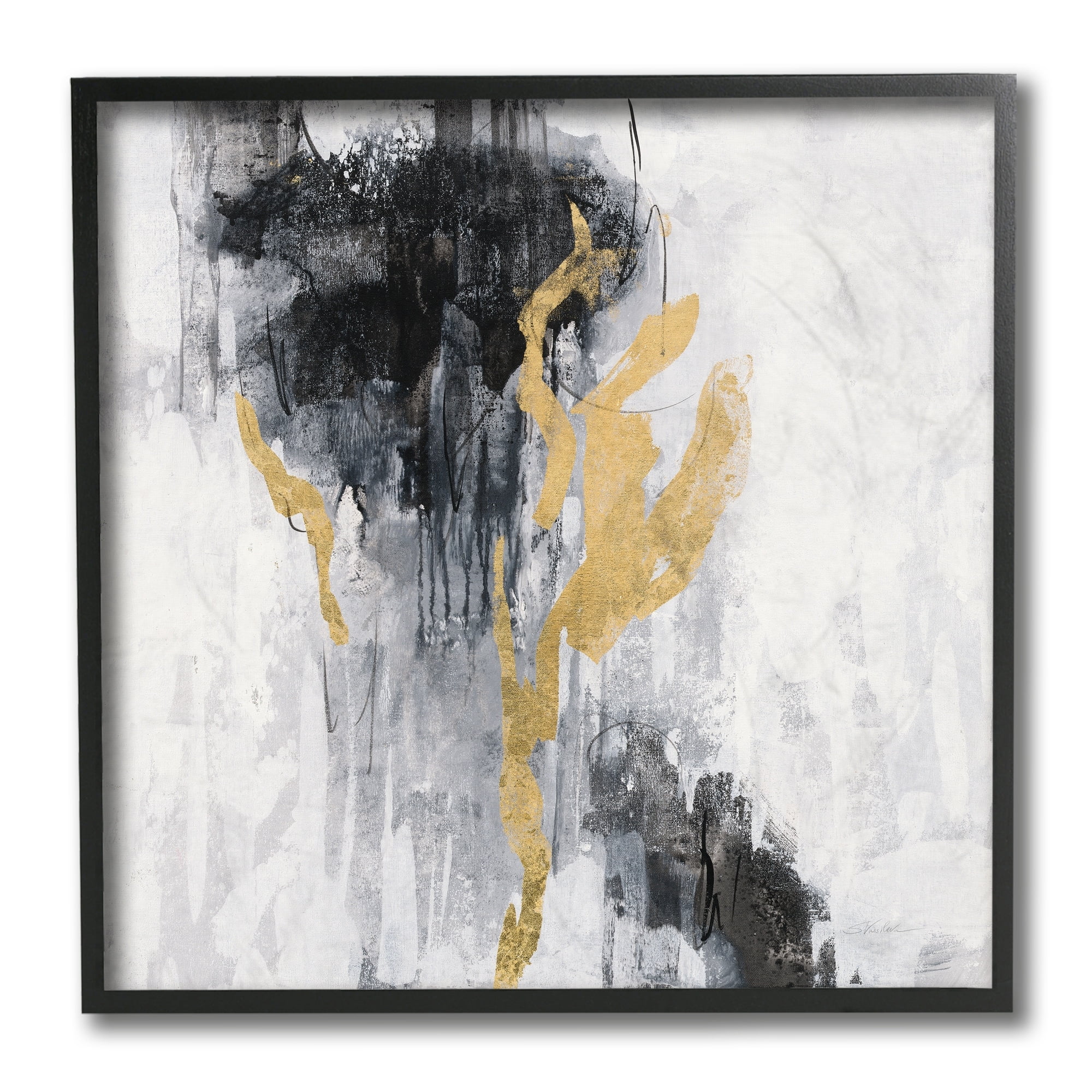 Stupell Industries Modern Rain Abstraction Black Gold Distressed Detail Black Framed, 12 x 12, Design by Silvia Vassileva