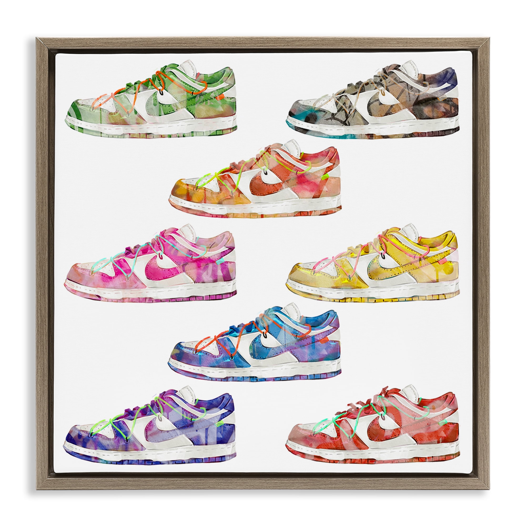Stupell Industries Modern Rainbow Sneakers Beauty & Fashion Painting Brown Floater Framed Art Print Wall Art, 18 x 18