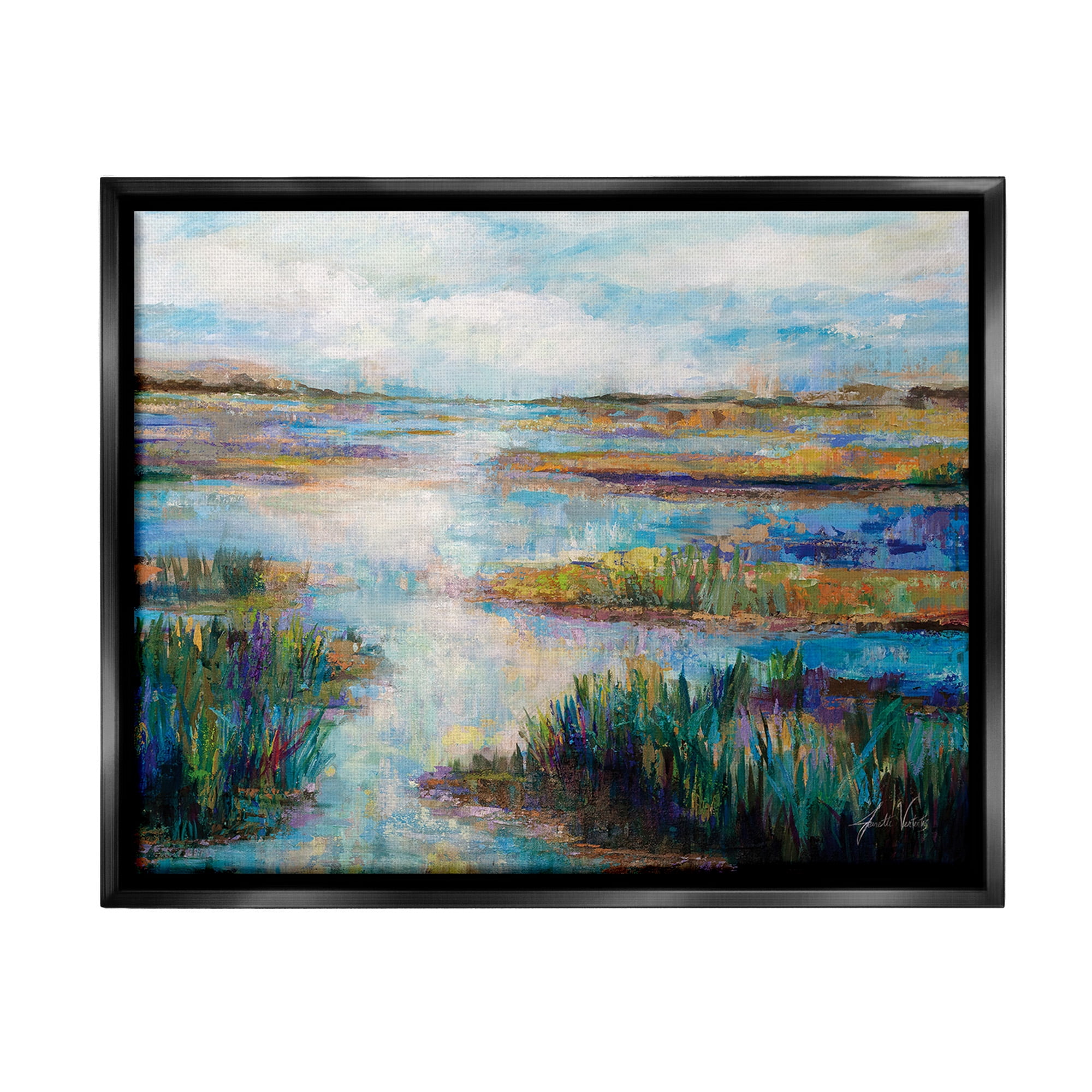 Stupell Industries Modern River Scenery Landscape Painting Black Floater Framed Canvas Art Print Wall Art, 31 x 25
