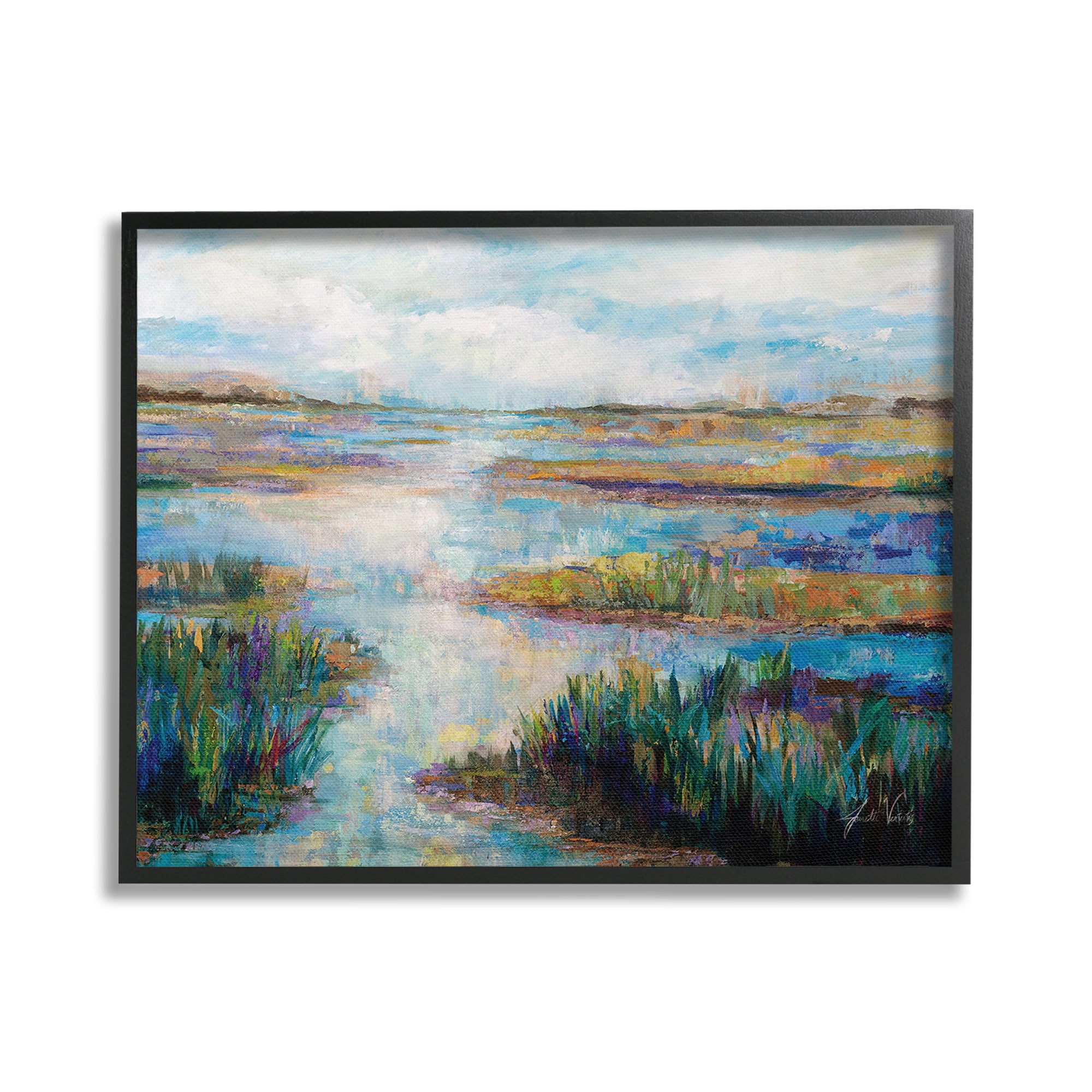 Stupell Industries Modern River Scenery Landscape Painting Black Framed Art Print Wall Art, 20 x 16