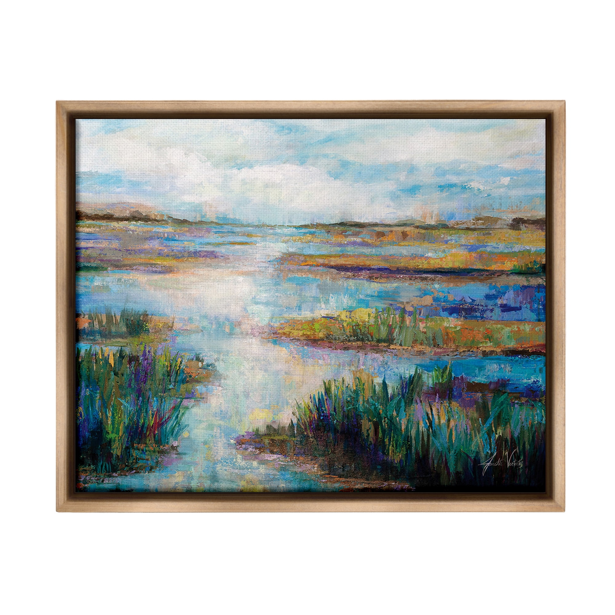Stupell Industries Modern River Scenery Landscape Painting Brown Floater Framed Canvas Art Print Wall Art, 21 x 17