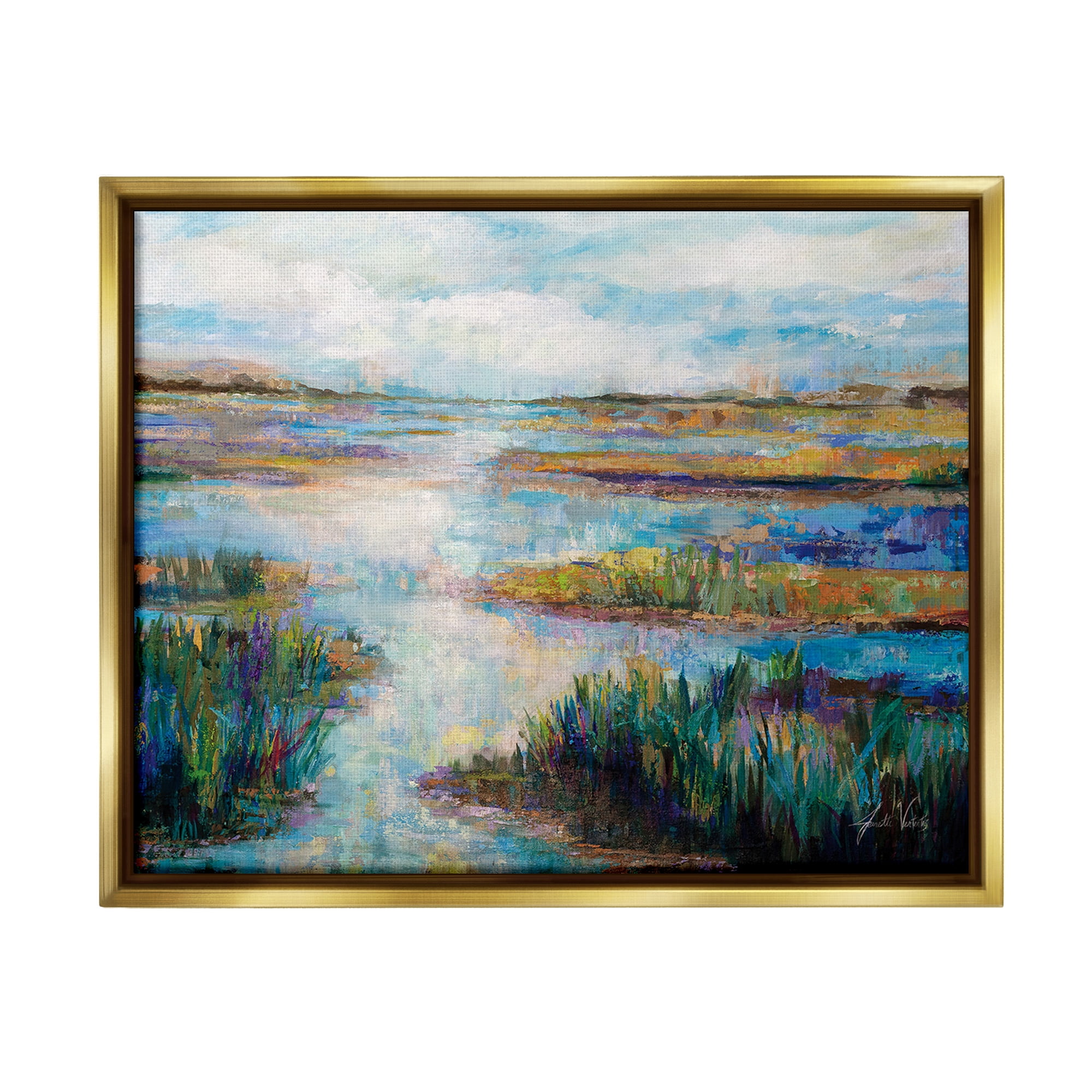 Stupell Industries Modern River Scenery Landscape Painting Gold Floater Framed Canvas Art Print Wall Art, 21 x 17