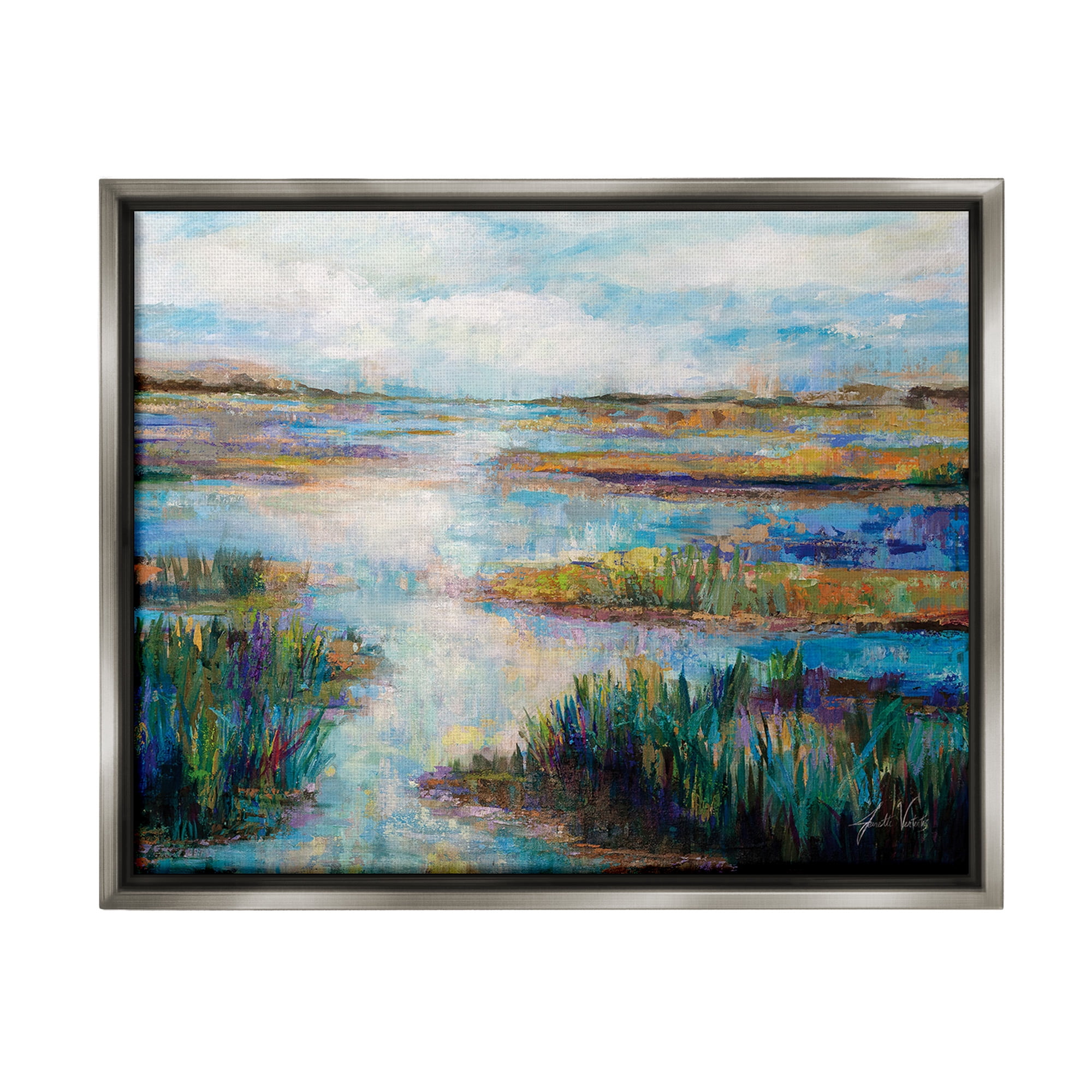 Stupell Industries Modern River Scenery Landscape Painting Gray Floater Framed Canvas Art Print Wall Art, 31 x 25