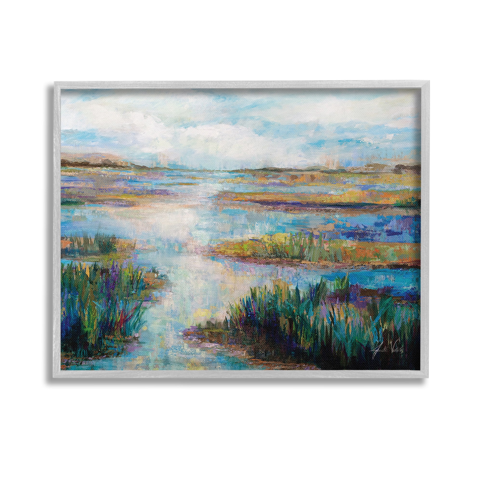 Stupell Industries Modern River Scenery Landscape Painting Gray Framed Art Print Wall Art, 14 x 11