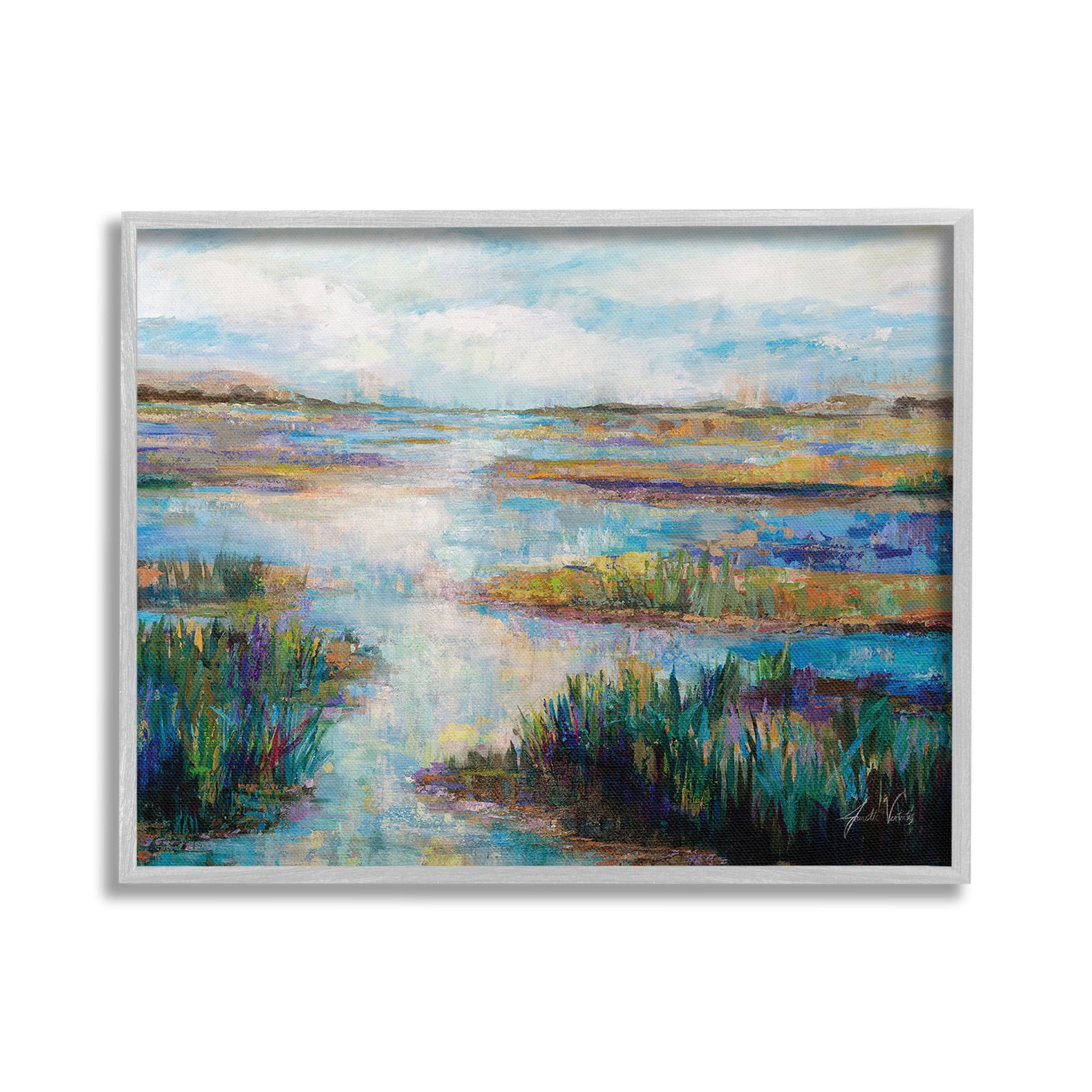 Stupell Industries Modern River Scenery Landscape Painting Gray Framed Art Print Wall Art, 20 x 16