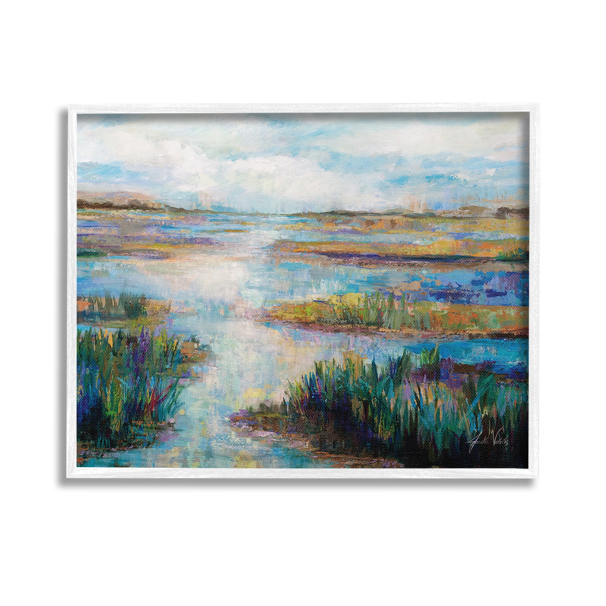 Stupell Industries Modern River Scenery Landscape Painting White Framed Art Print Wall Art, 14 x 11