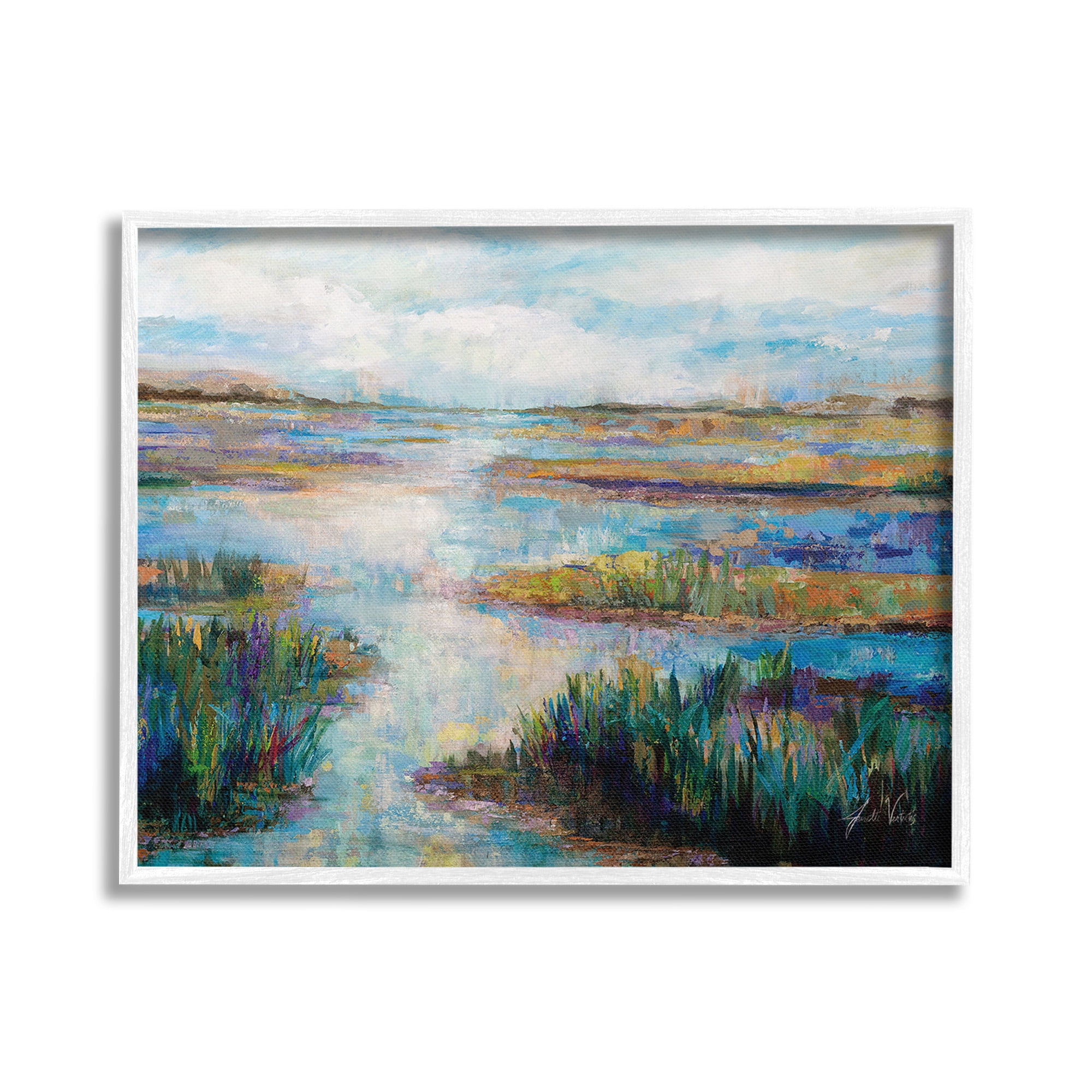 Stupell Industries Modern River Scenery Landscape Painting White Framed Art Print Wall Art, 20 x 16