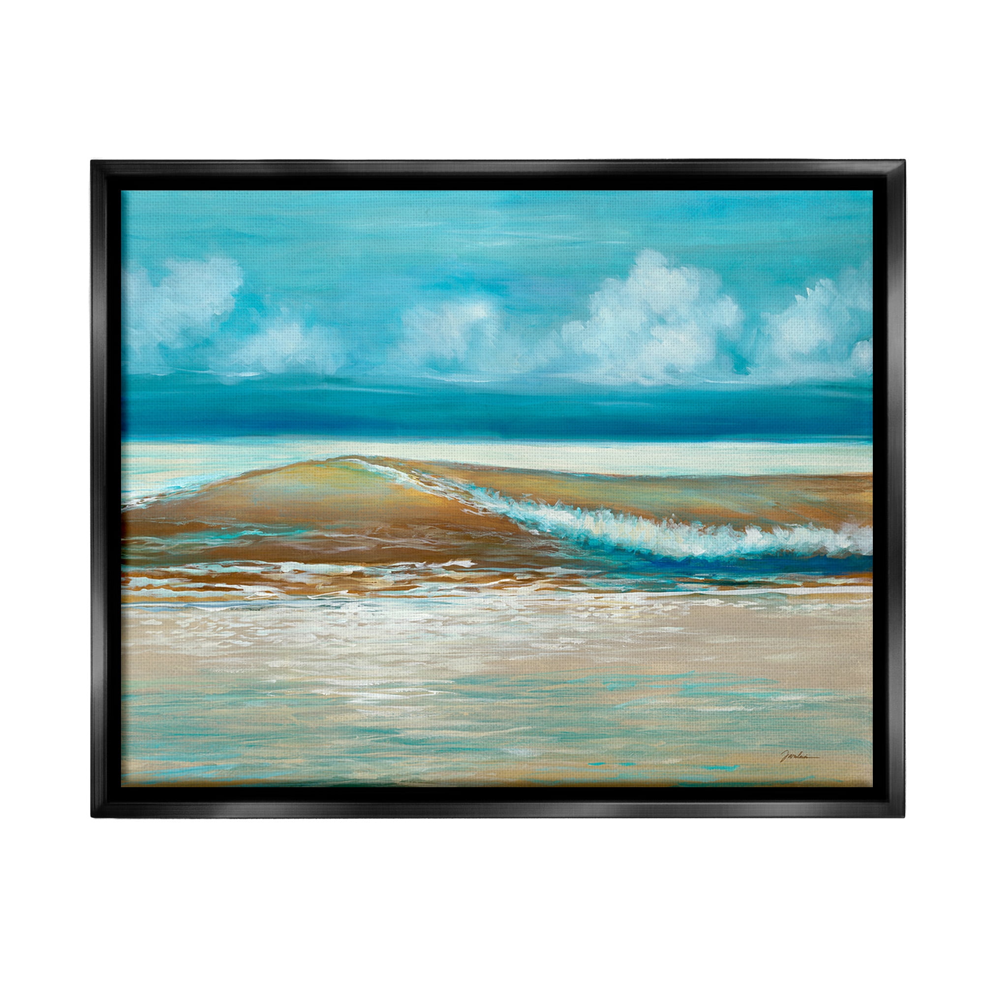 Stupell Industries Modern Rolling Sea Waves Landscape Painting Black Floater Framed Canvas Art Print Wall Art, 31 x 25