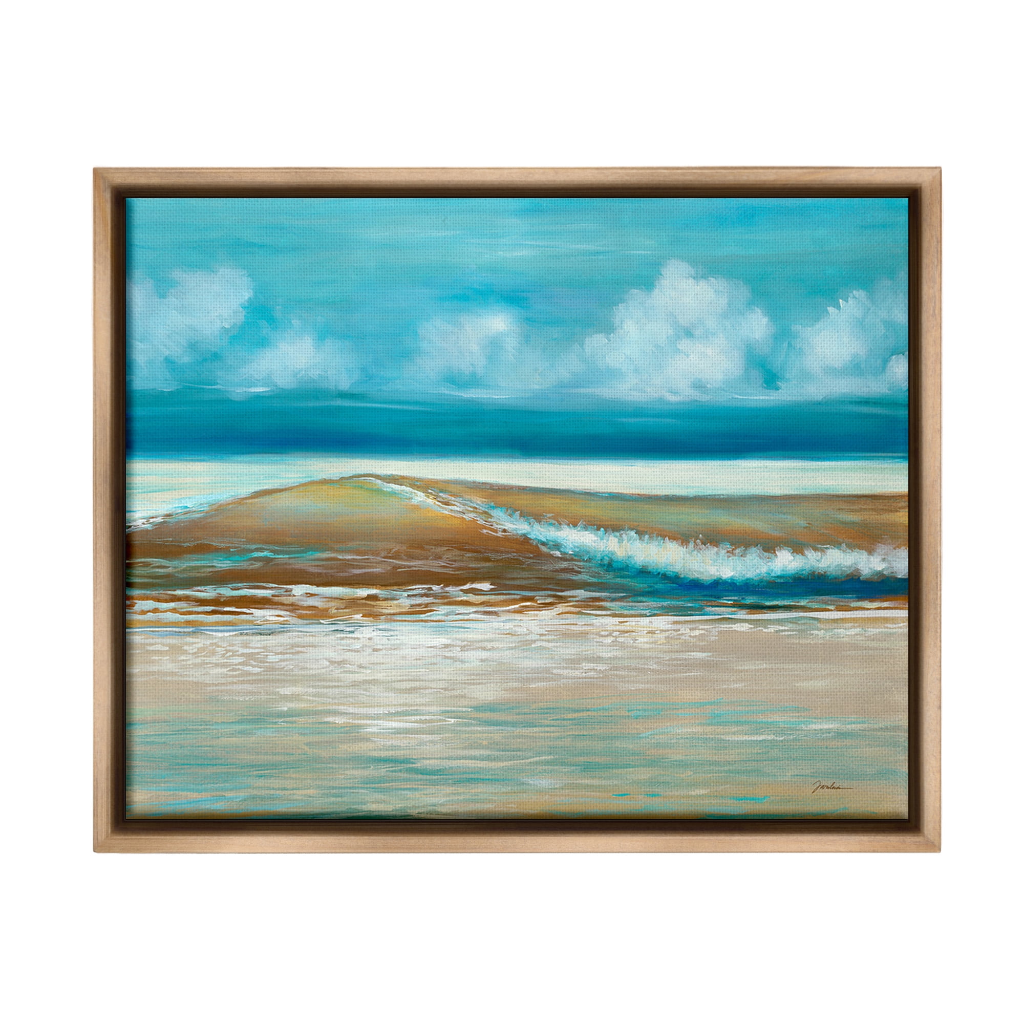 Stupell Industries Modern Rolling Sea Waves Landscape Painting Brown Floater Framed Canvas Art Print Wall Art, 21 x 17