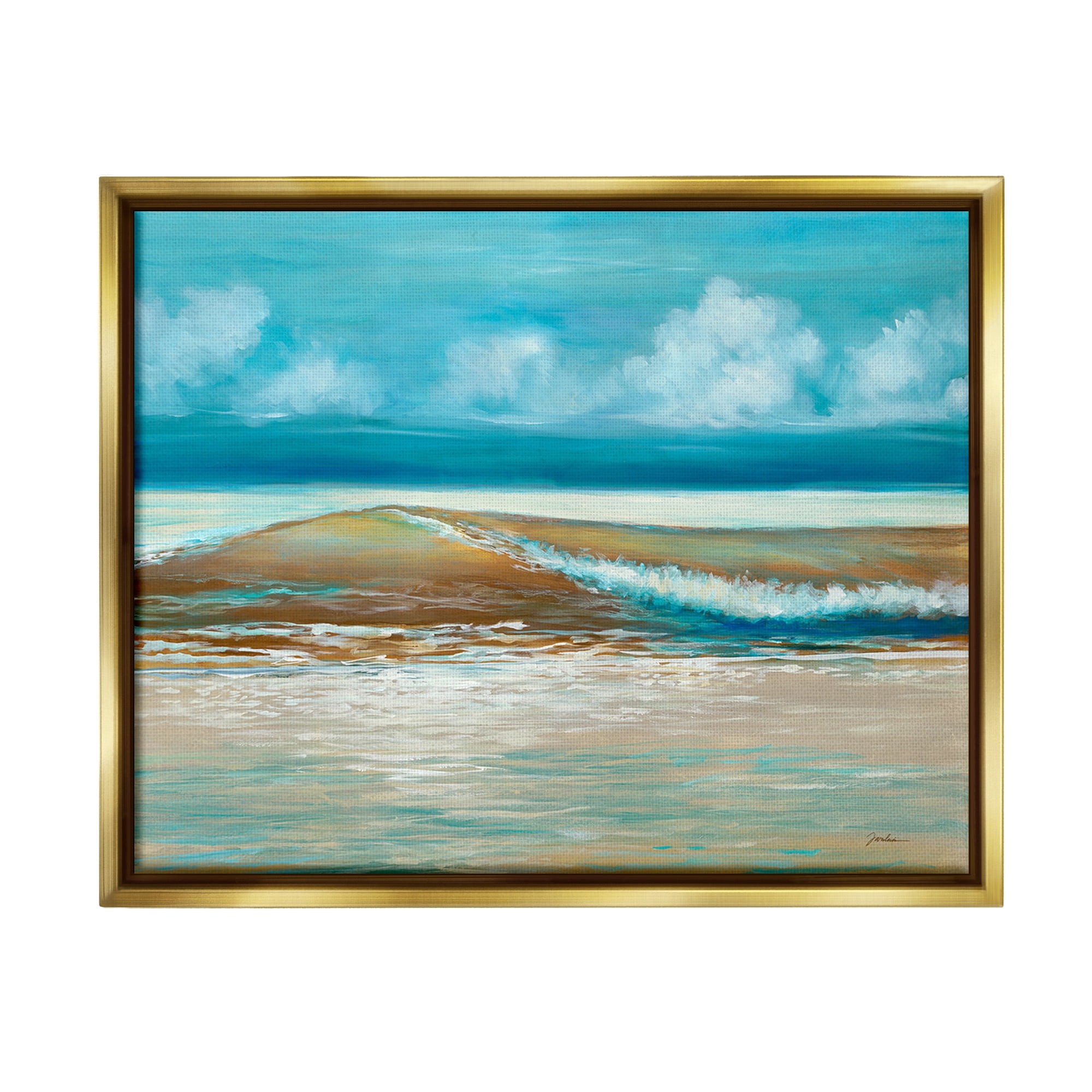Stupell Industries Modern Rolling Sea Waves Landscape Painting Gold Floater Framed Canvas Art Print Wall Art, 21 x 17