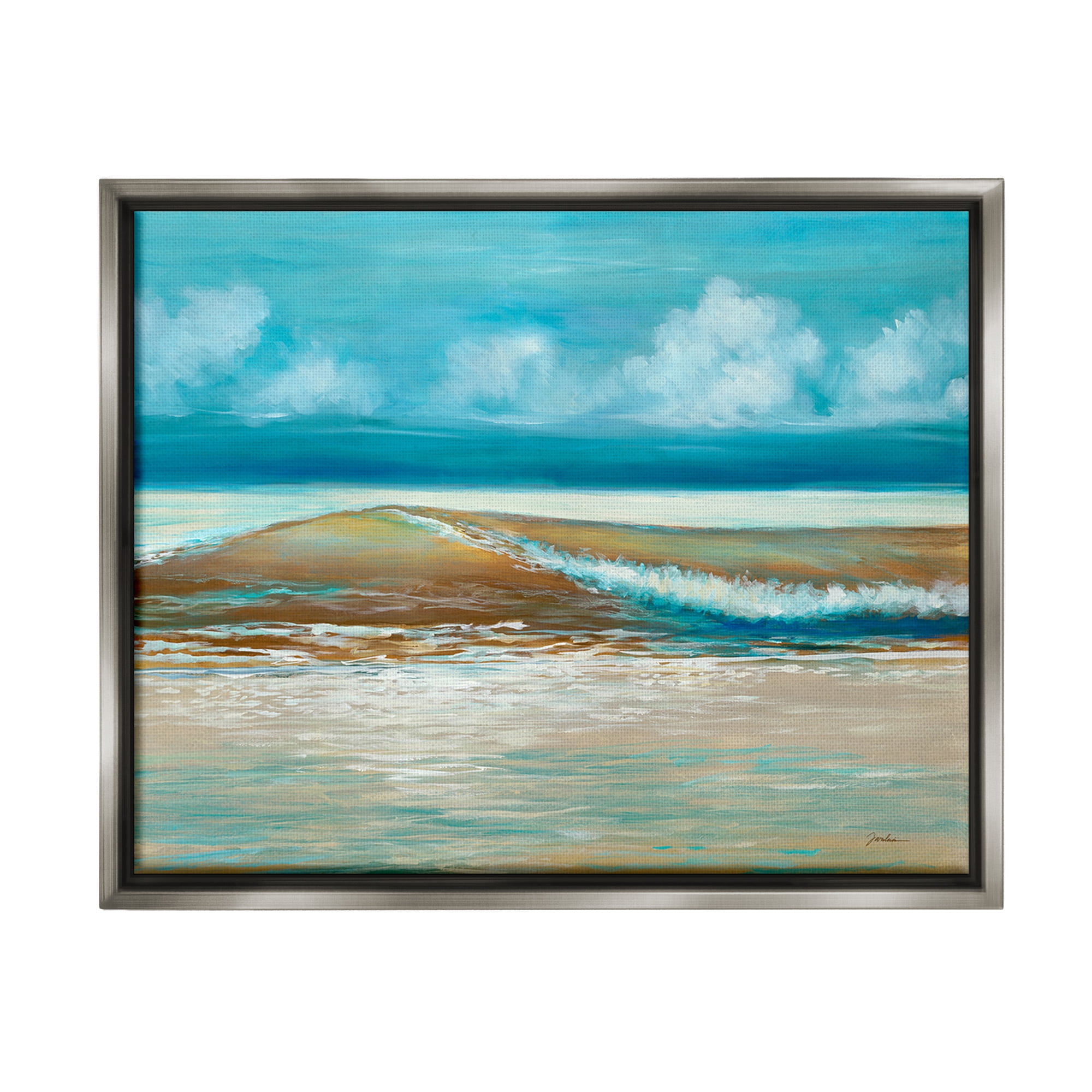 Stupell Industries Modern Rolling Sea Waves Landscape Painting Gray Floater Framed Canvas Art Print Wall Art, 21 x 17