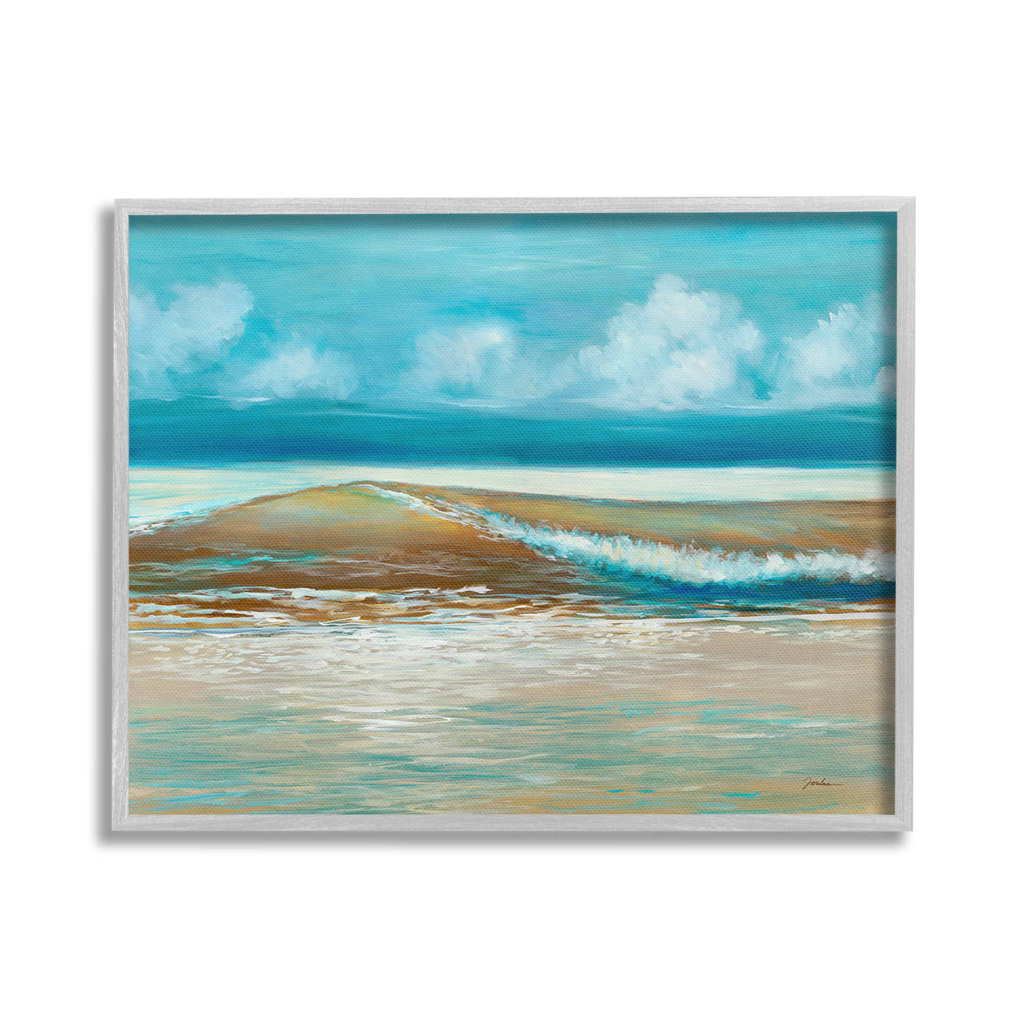Stupell Industries Modern Rolling Sea Waves Landscape Painting Gray Framed Art Print Wall Art, 30 x 24