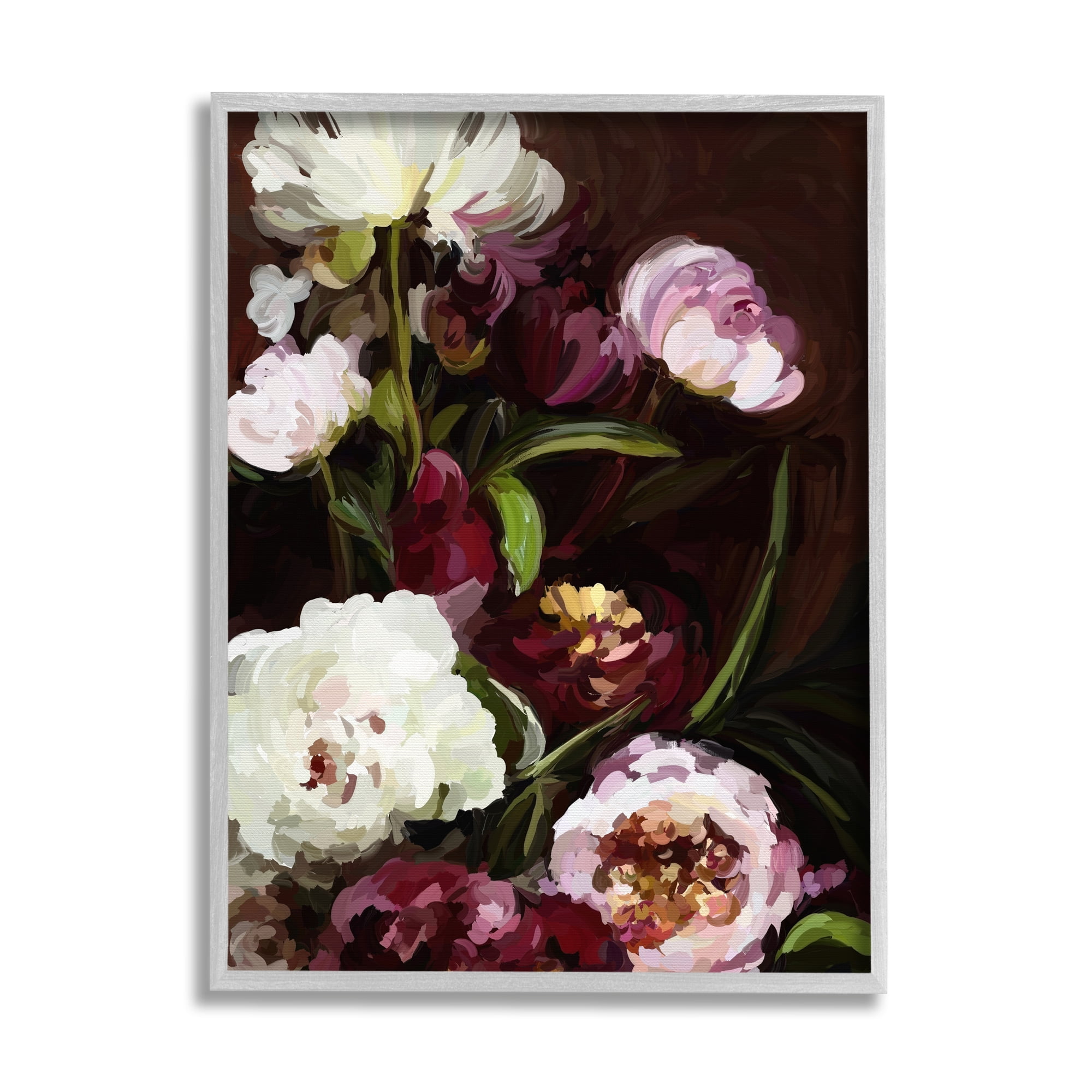 Stupell Industries Modern Roses & Peonies Botanical & Floral Painting Gray Framed Art Print Wall Art, 16 x 20